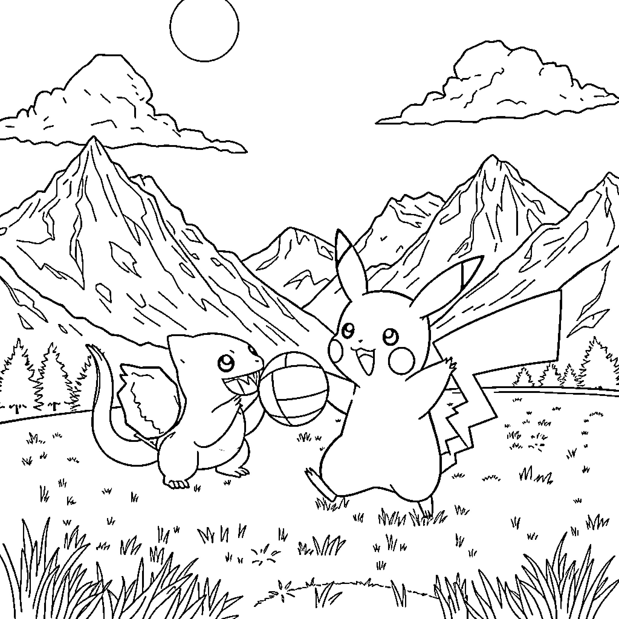 Pikachu's Mountain Adventure Coloring Page (free black-and-white line drawing printable PDF for all, from beginners to advanced learners, including children, teens, adults, and seniors)