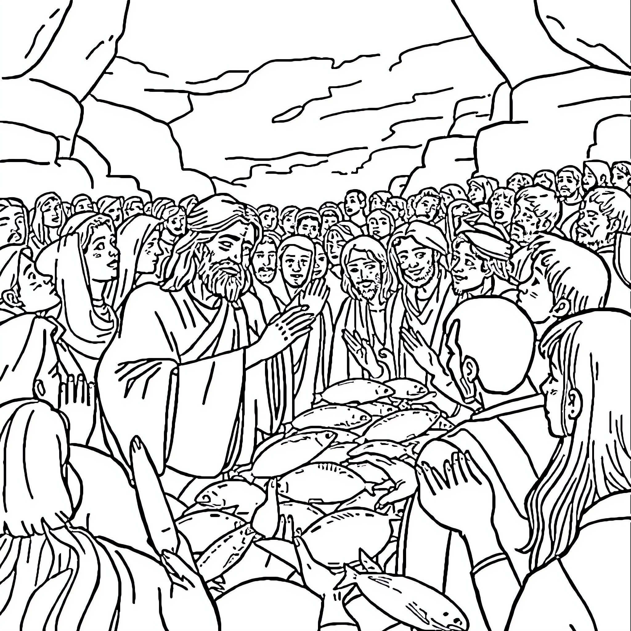 Jesus teaching a large crowd in a scenic setting Coloring Page (free black-and-white line drawing printable PDF for all, from beginners to advanced learners, including children, teens, adults, and seniors)
