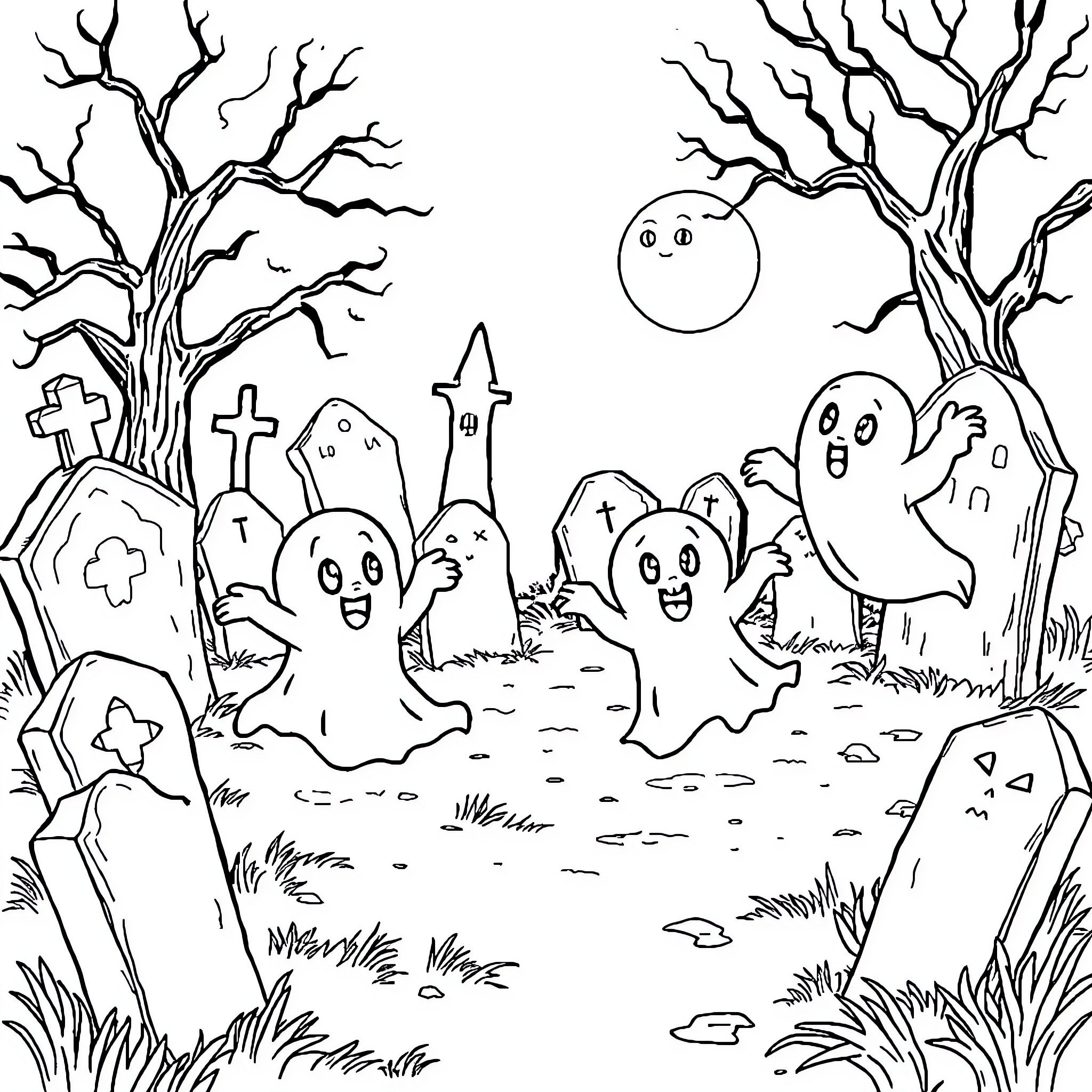Ghost figures playing in a spooky graveyard Coloring Page (free black-and-white line drawing printable PDF for all, from beginners to advanced learners, including children, teens, adults, and seniors)