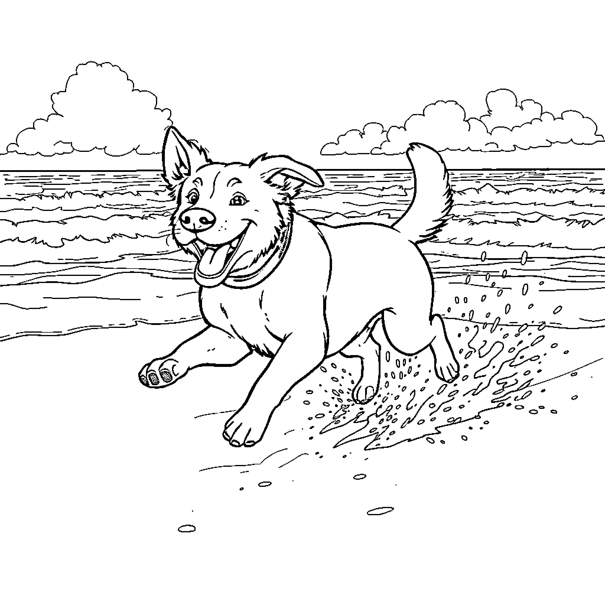 Dog playing joyfully on the beach Coloring Page (free black-and-white line drawing printable PDF for all, from beginners to advanced learners, including children, teens, adults, and seniors)