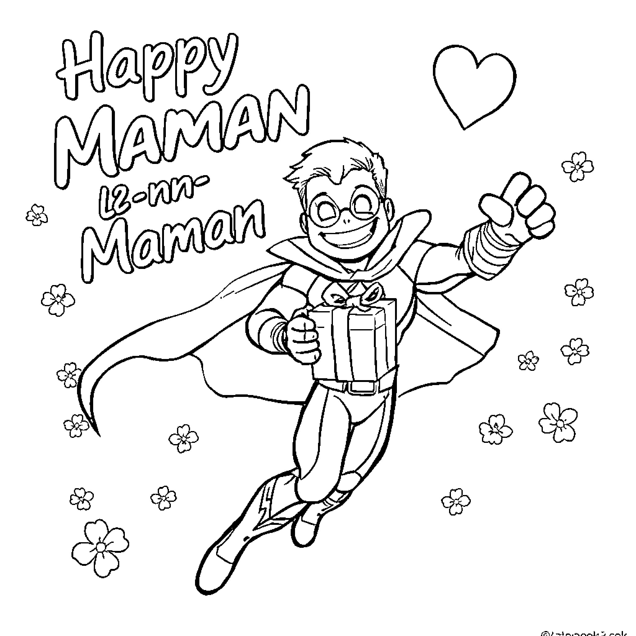 Superhero Mom Celebrates Mother's Day Coloring Page (free black-and-white line drawing printable PDF for all, from beginners to advanced learners, including children, teens, adults, and seniors)