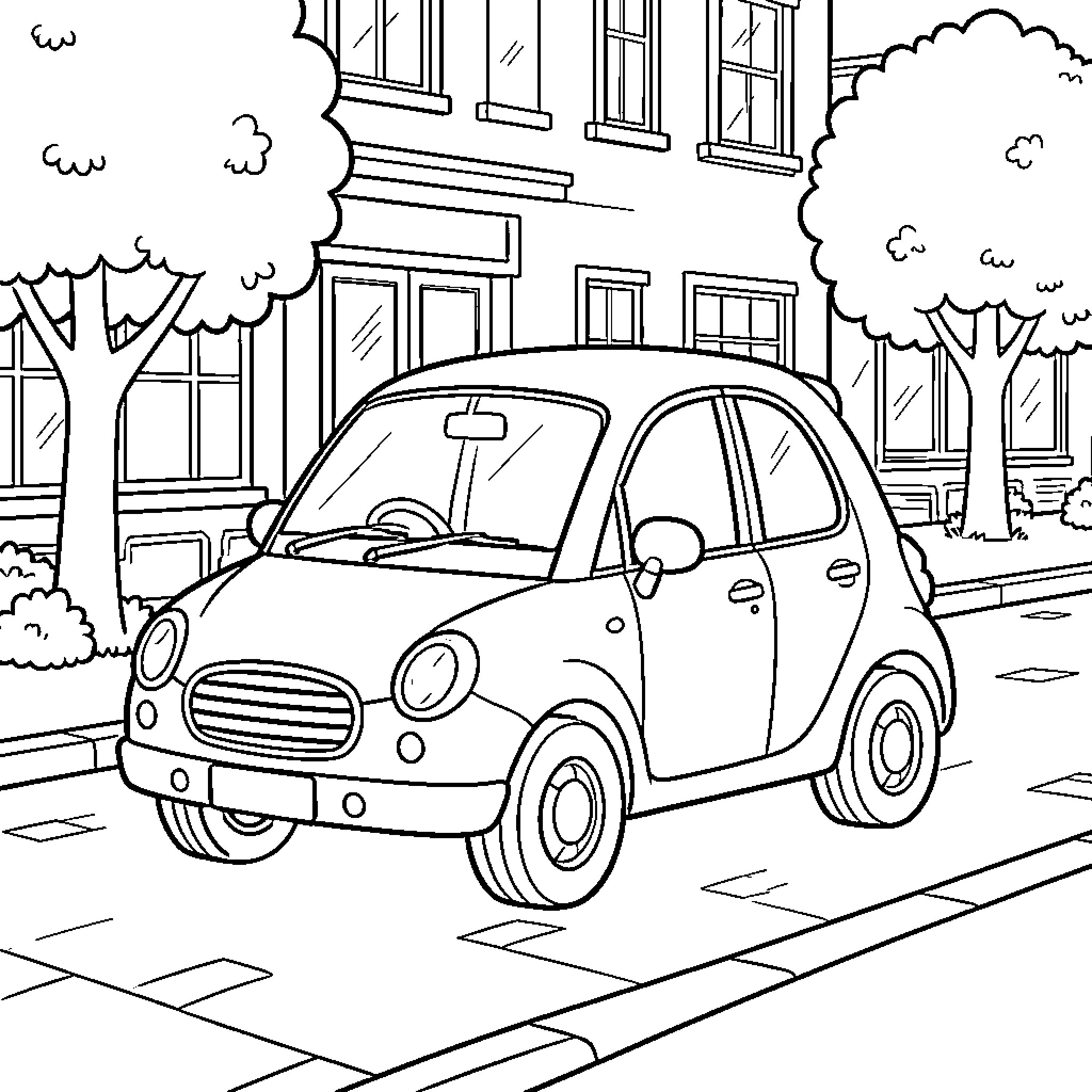Car driving along a quiet city street Coloring Page (free black-and-white line drawing printable PDF for all, from beginners to advanced learners, including children, teens, adults, and seniors)