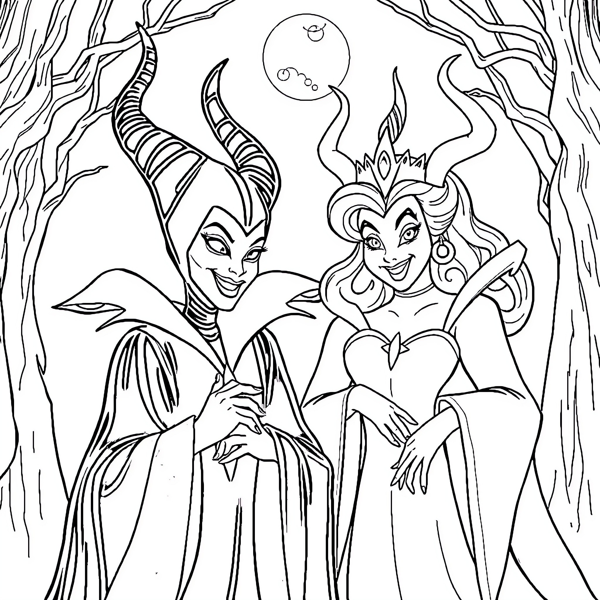 Villain witches casting a spell in the dark forest Coloring Page (free black-and-white line drawing printable PDF for all, from beginners to advanced learners, including children, teens, adults, and seniors)