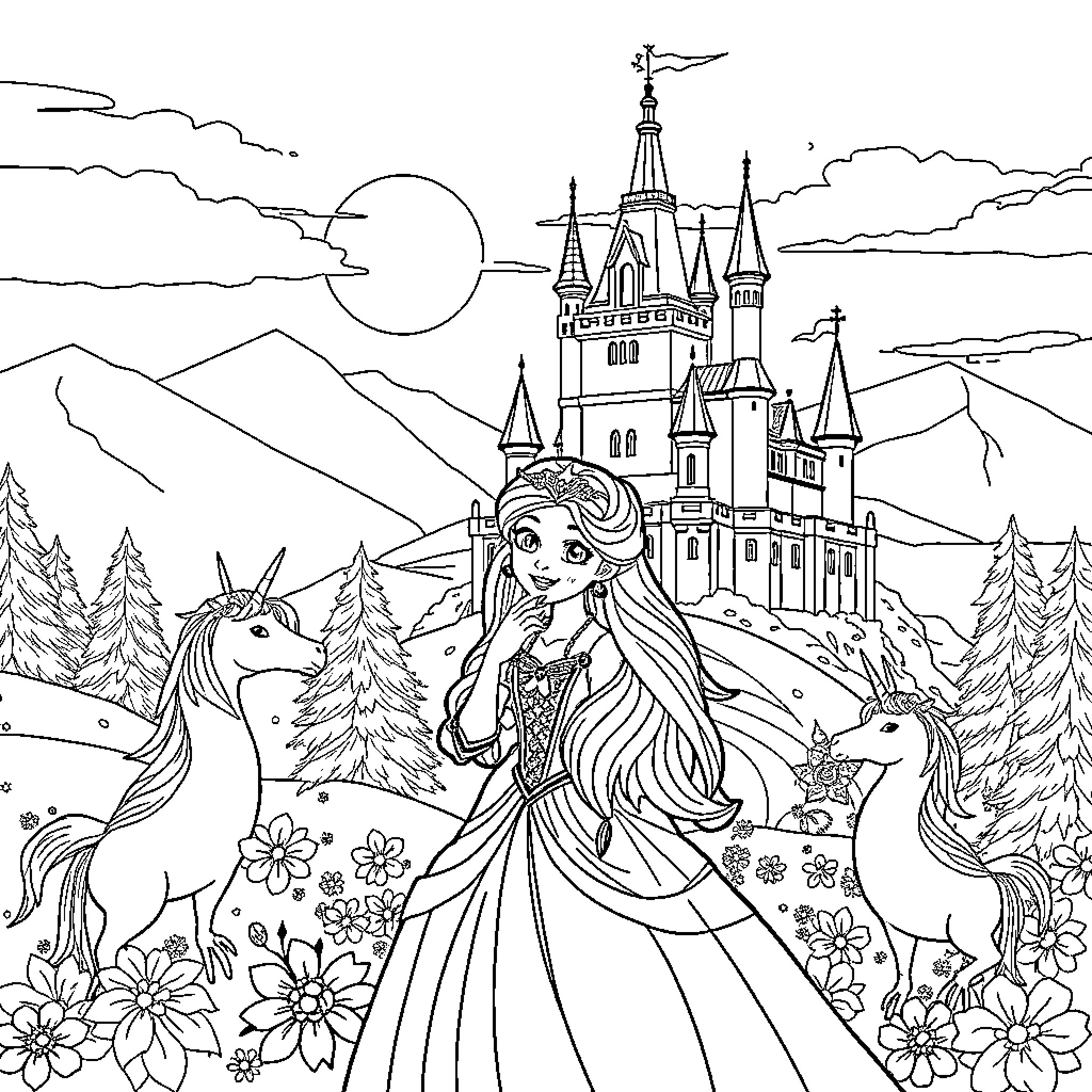 Princess in Magical Castle with Unicorns Coloring Page (free black-and-white line drawing printable PDF for all, from beginners to advanced learners, including children, teens, adults, and seniors)