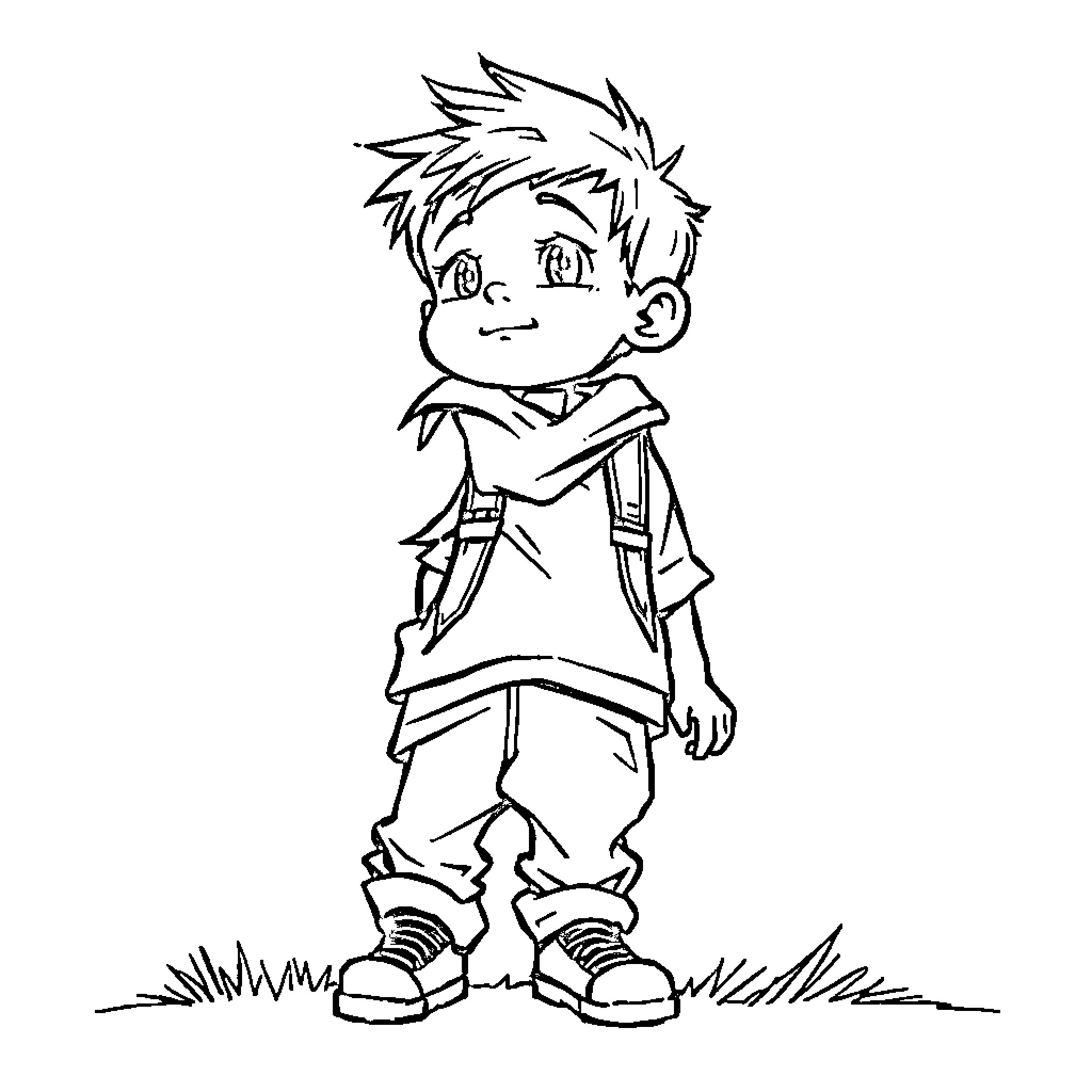 Boy standing confidently on grassy field Coloring Page (free black-and-white line drawing printable PDF for all, from beginners to advanced learners, including children, teens, adults, and seniors)