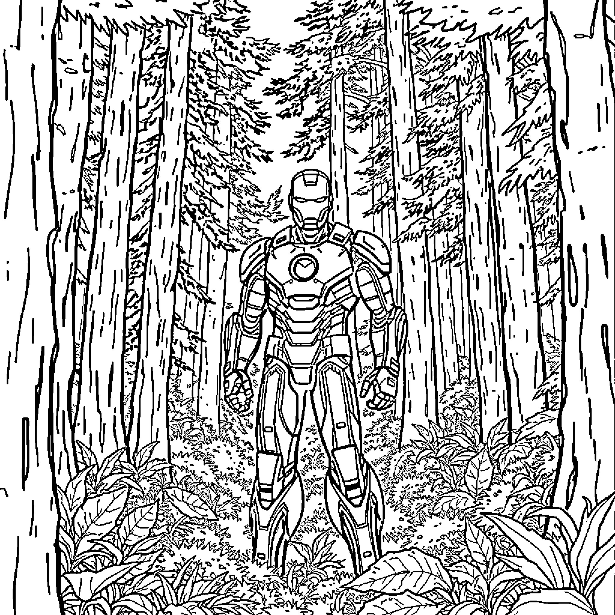 Iron Man standing heroically in a dense forest Coloring Page (free black-and-white line drawing printable PDF for all, from beginners to advanced learners, including children, teens, adults, and seniors)