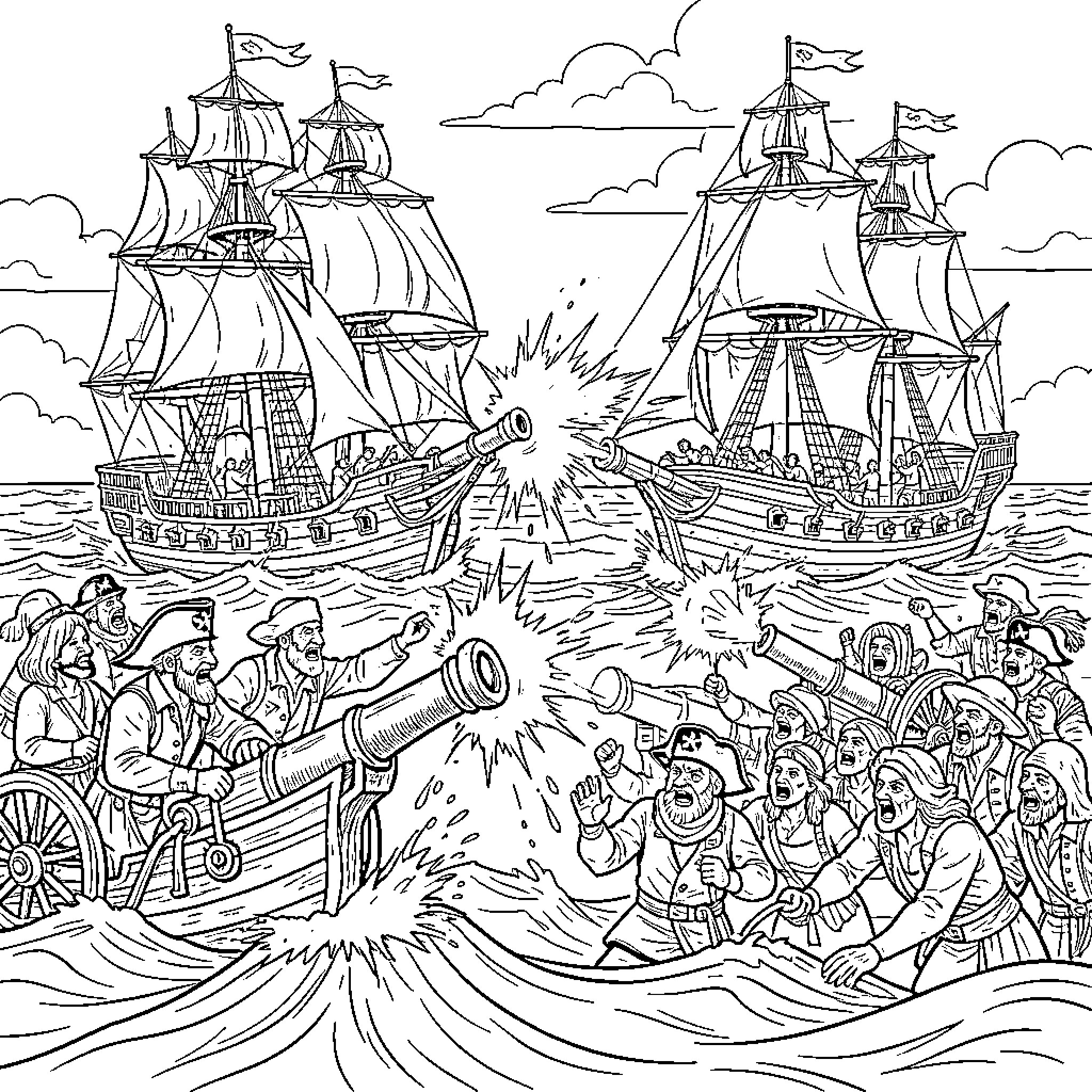 Pirate Ship engaging in a fierce naval battle Coloring Page (free black-and-white line drawing printable PDF for all, from beginners to advanced learners, including children, teens, adults, and seniors)