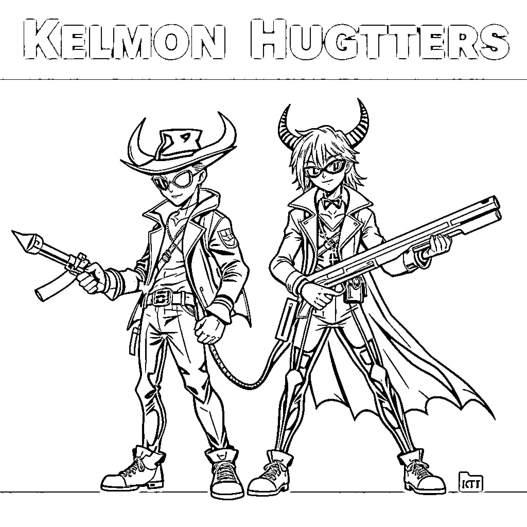 Demon Hunter Duo on Dangerous Mission Coloring Page (free black-and-white line drawing printable PDF for all, from beginners to advanced learners, including children, teens, adults, and seniors)