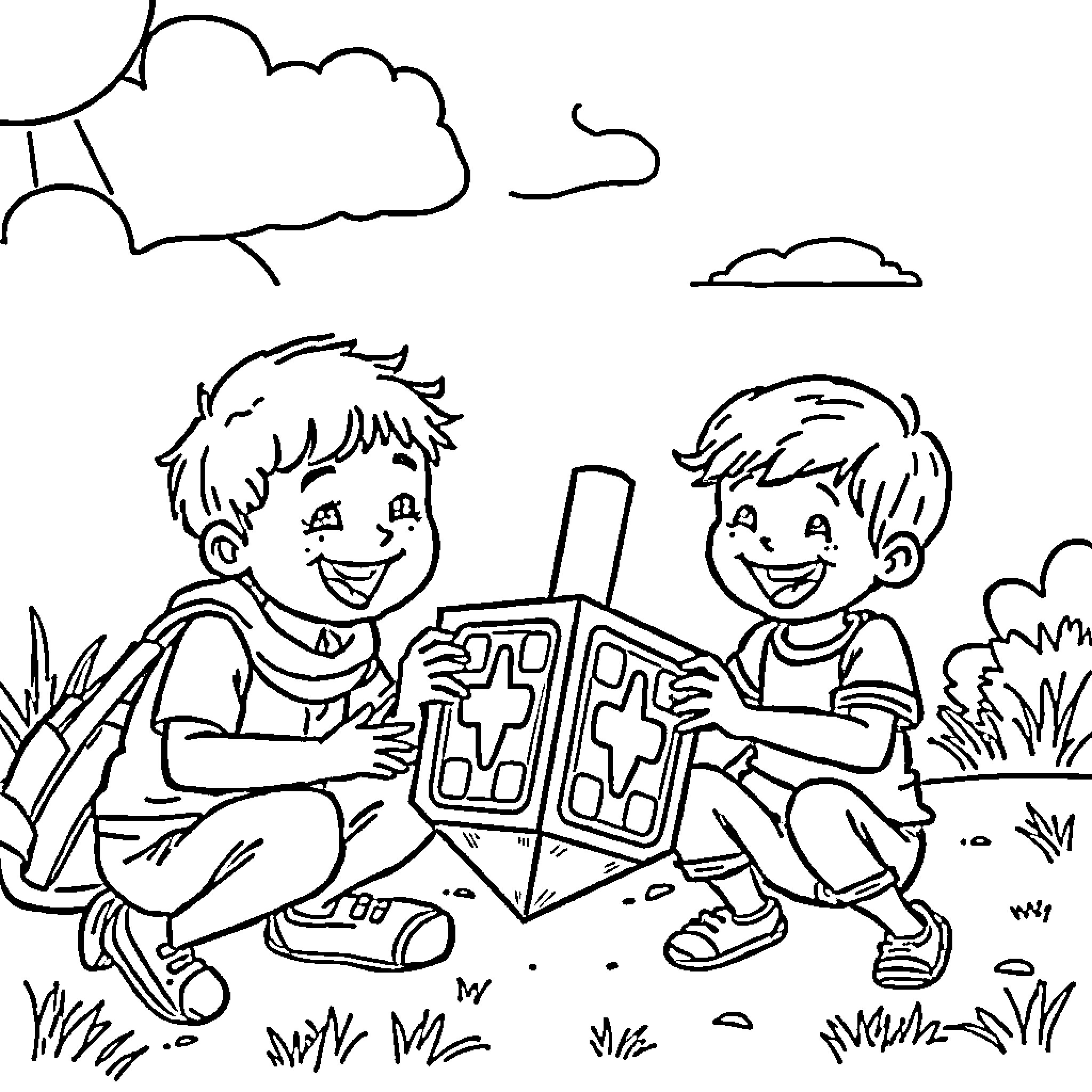 Child playing with toys outdoors on a sunny day Coloring Page (free black-and-white line drawing printable PDF for all, from beginners to advanced learners, including children, teens, adults, and seniors)