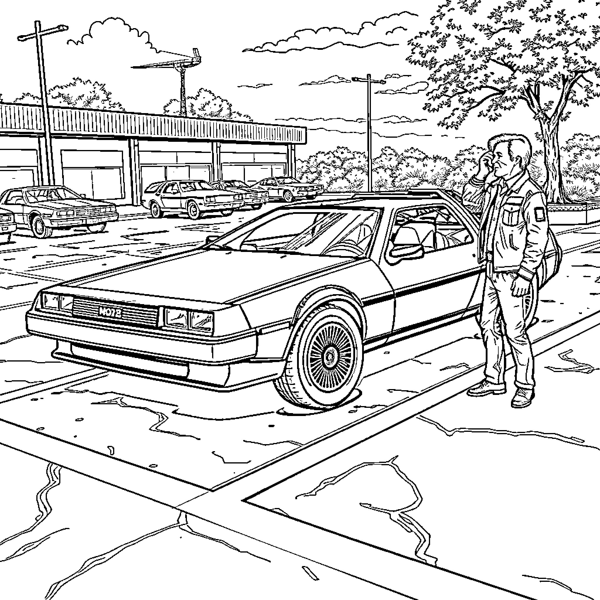 DeLorean in a Retro Auto Garage Scene Coloring Page (free black-and-white line drawing printable PDF for all, from beginners to advanced learners, including children, teens, adults, and seniors)