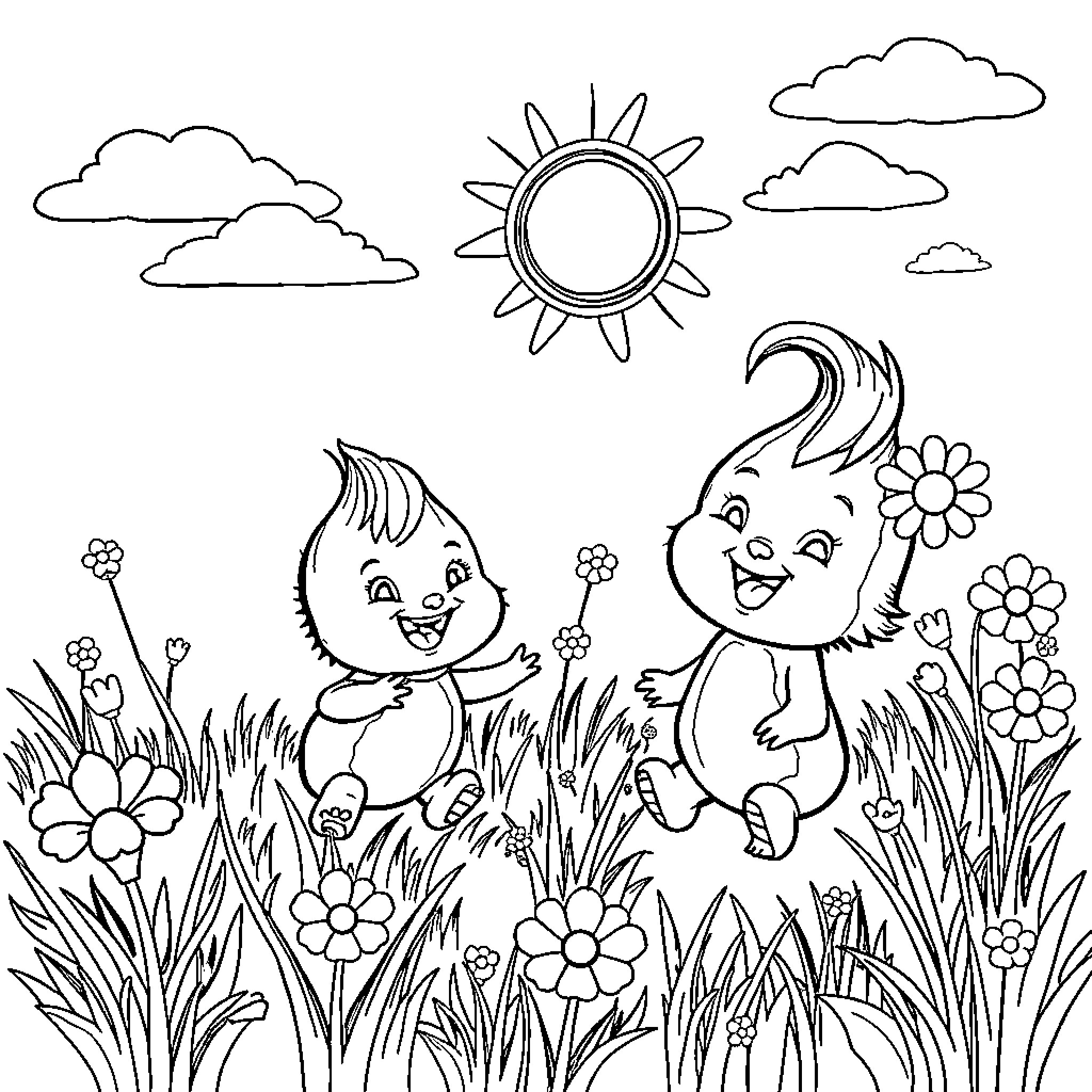 Sprunkies playing in a sunny meadow Coloring Page (free black-and-white line drawing printable PDF for all, from beginners to advanced learners, including children, teens, adults, and seniors)