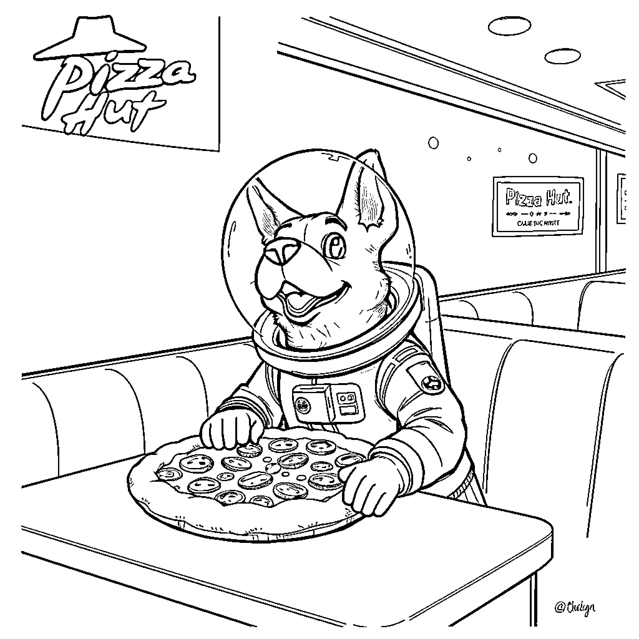 Dog astronaut enjoying pizza at the Pizza Hut Coloring Page (free black-and-white line drawing printable PDF for all, from beginners to advanced learners, including children, teens, adults, and seniors)