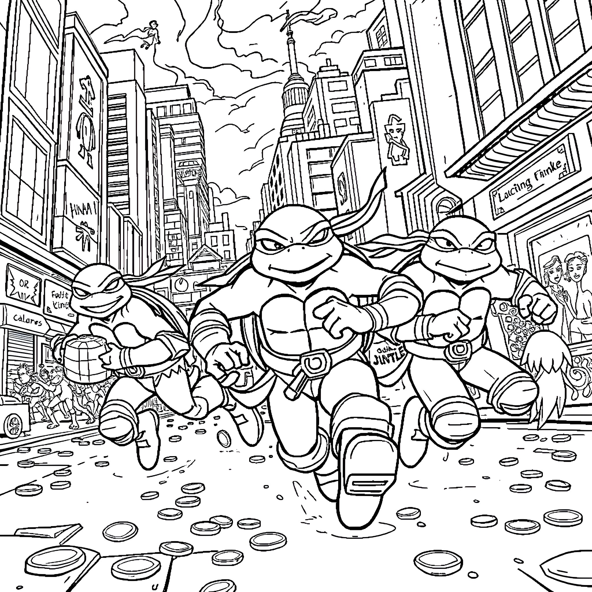 Ninja Turtle Heroes Rushing to Save the City Coloring Page (free black-and-white line drawing printable PDF for all, from beginners to advanced learners, including children, teens, adults, and seniors)