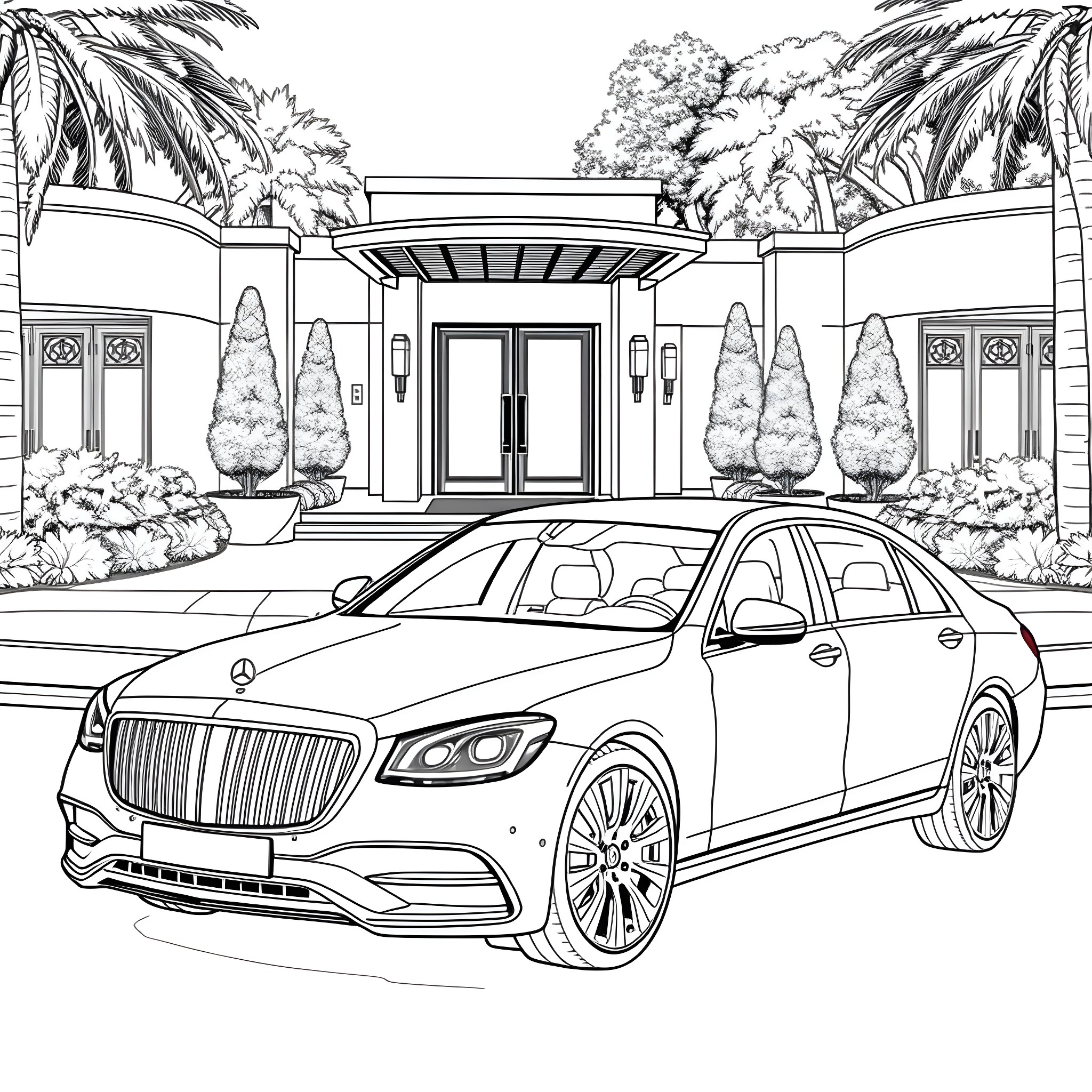 Mercedes luxury car parked in front of tropical villa Coloring Page (free black-and-white line drawing printable PDF for all, from beginners to advanced learners, including children, teens, adults, and seniors)