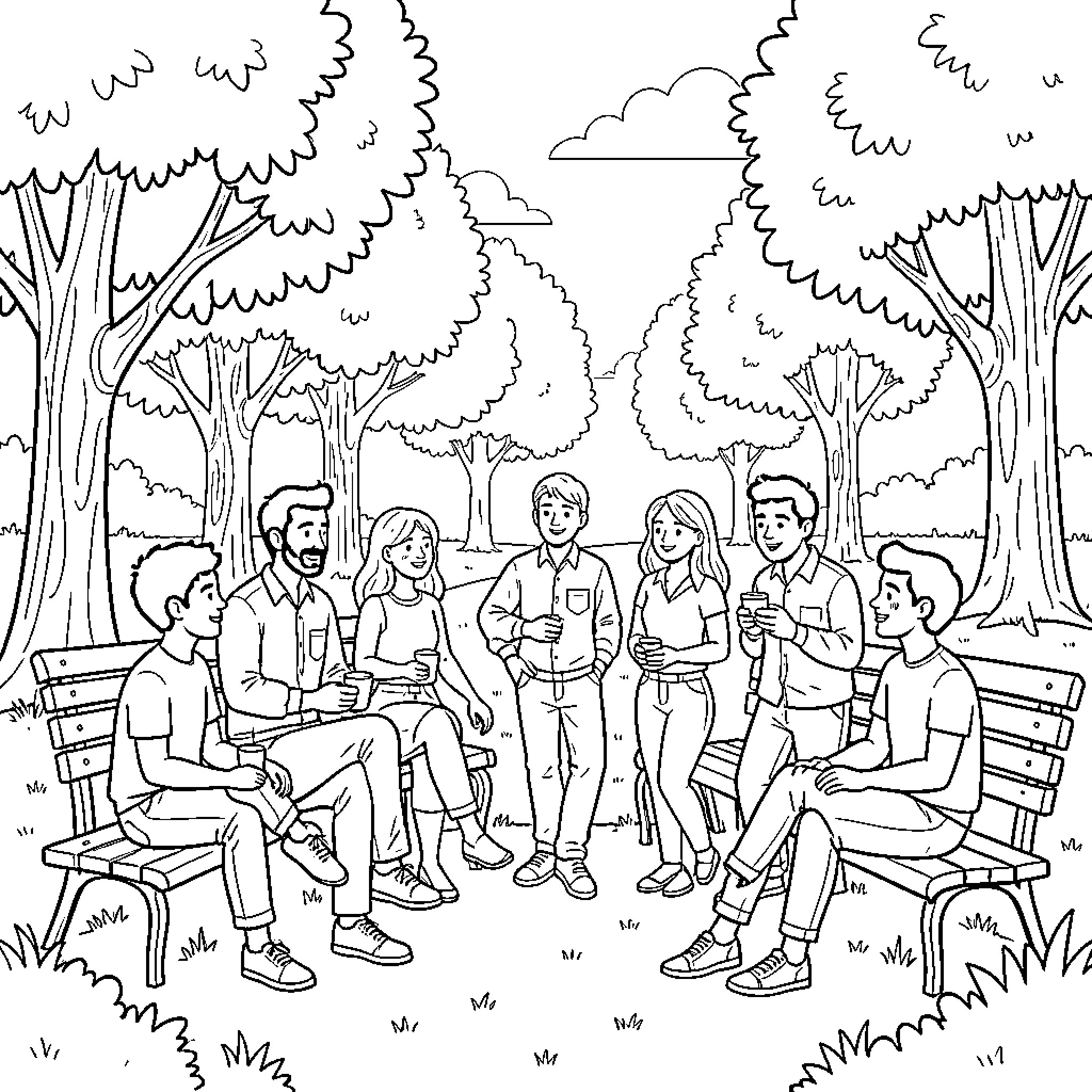 Cp group of friends chatting and drinking in a park Coloring Page (free black-and-white line drawing printable PDF for all, from beginners to advanced learners, including children, teens, adults, and seniors)