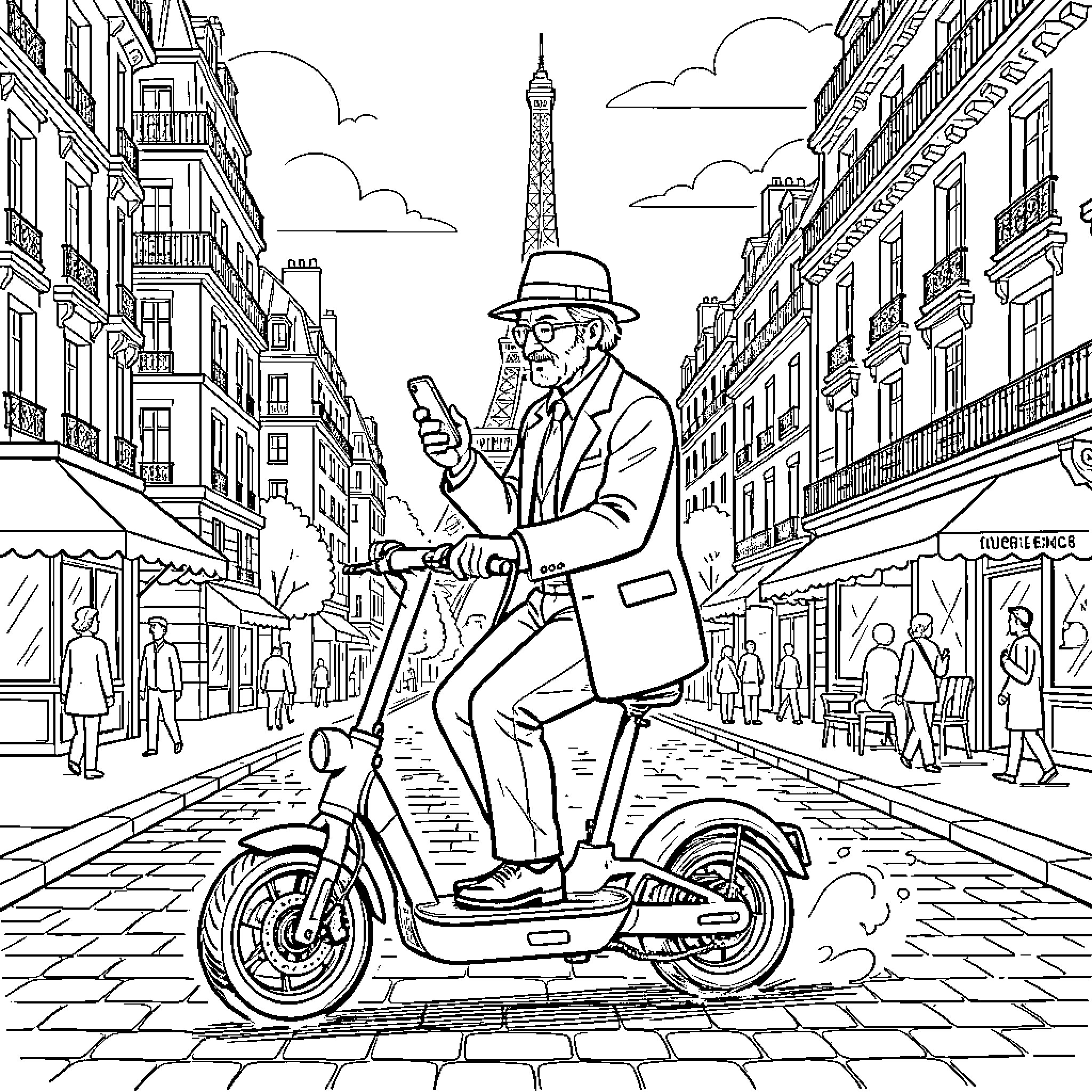 Victor Hugo riding an electric scooter through Paris streets Coloring Page (free black-and-white line drawing printable PDF for all, from beginners to advanced learners, including children, teens, adults, and seniors)