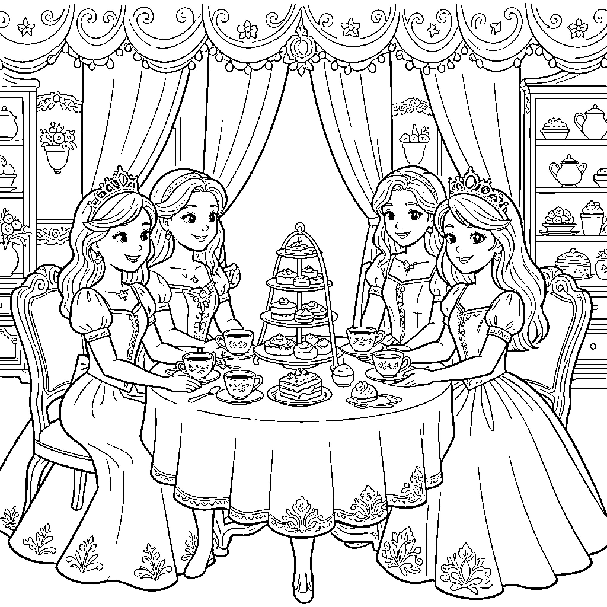 Princess Tea Party with Friends Coloring Page (free black-and-white line drawing printable PDF for all, from beginners to advanced learners, including children, teens, adults, and seniors)