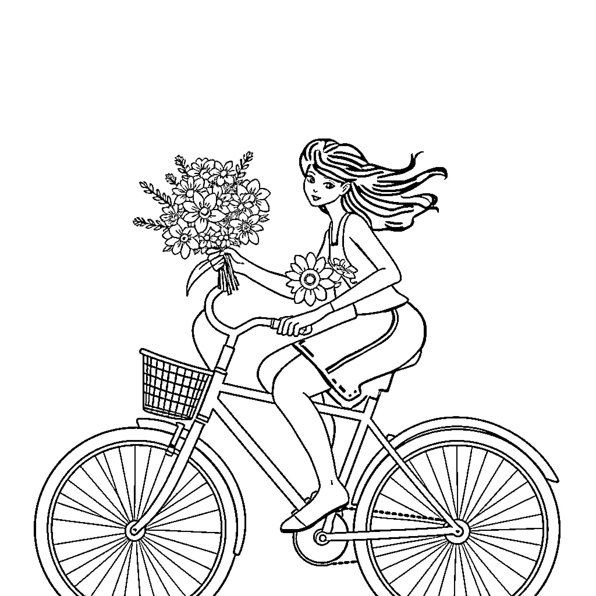 Malbonte's Floral Bicycle Adventure Coloring Page (free black-and-white line drawing printable PDF for all, from beginners to advanced learners, including children, teens, adults, and seniors)