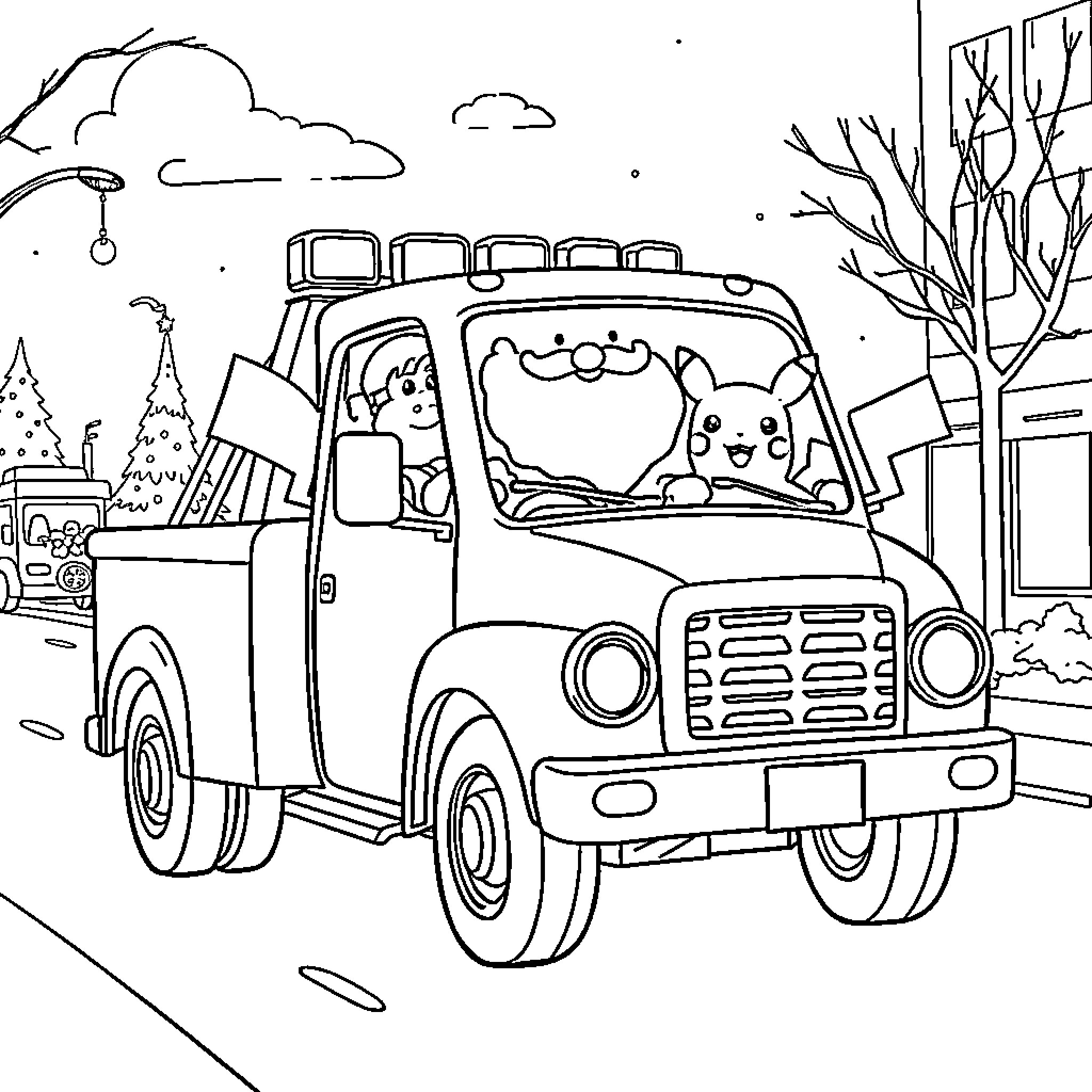 Tow Truck Transporting Cute Cartoon Animals Coloring Page (free black-and-white line drawing printable PDF for all, from beginners to advanced learners, including children, teens, adults, and seniors)