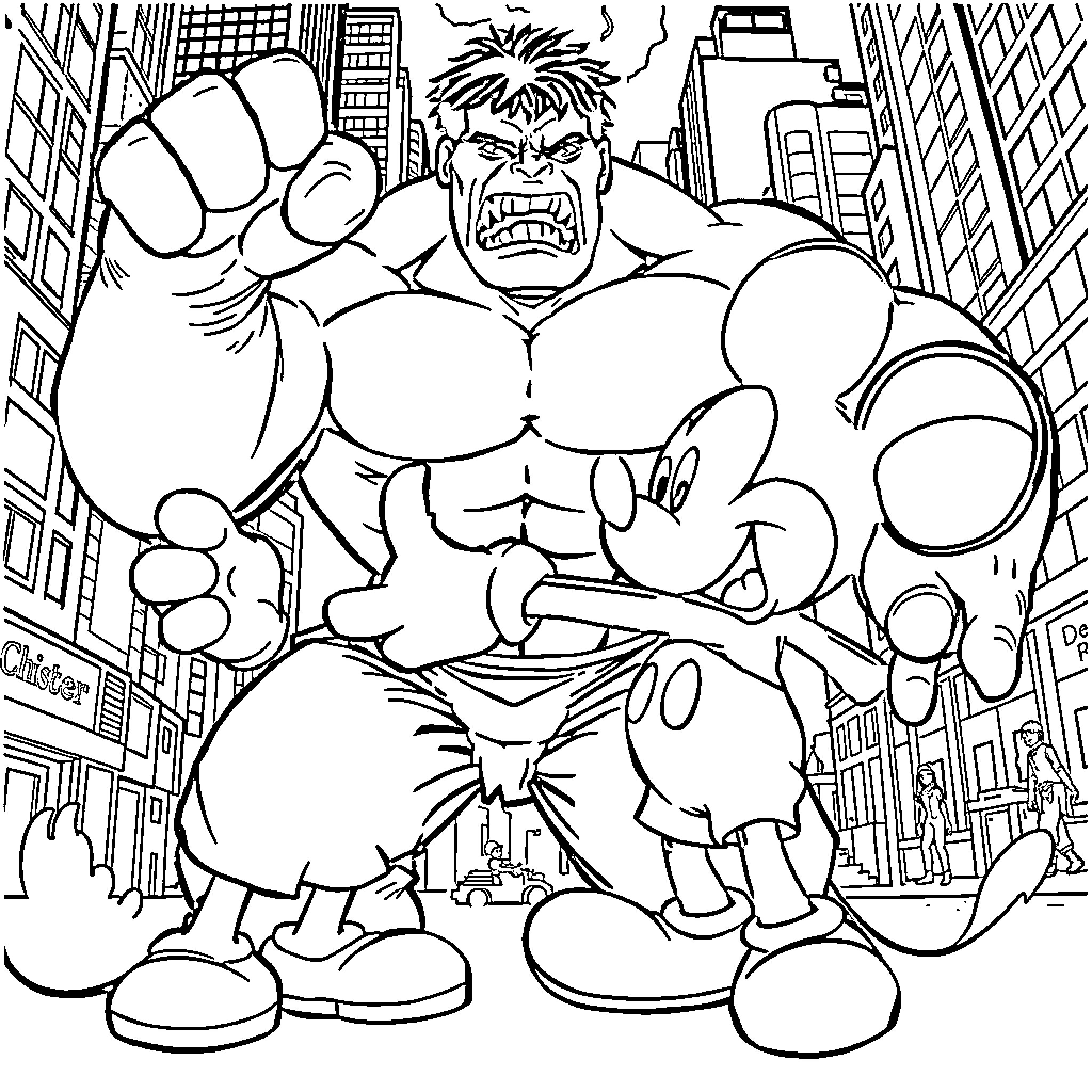 Mickey Mouse Hulk Smashing through the City Coloring Page (free black-and-white line drawing printable PDF for all, from beginners to advanced learners, including children, teens, adults, and seniors)