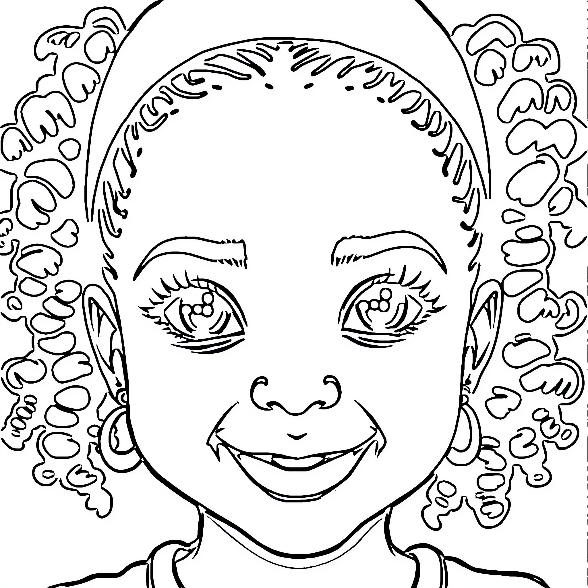 Girl with curly hair and smiling face Coloring Page (free black-and-white line drawing printable PDF for all, from beginners to advanced learners, including children, teens, adults, and seniors)