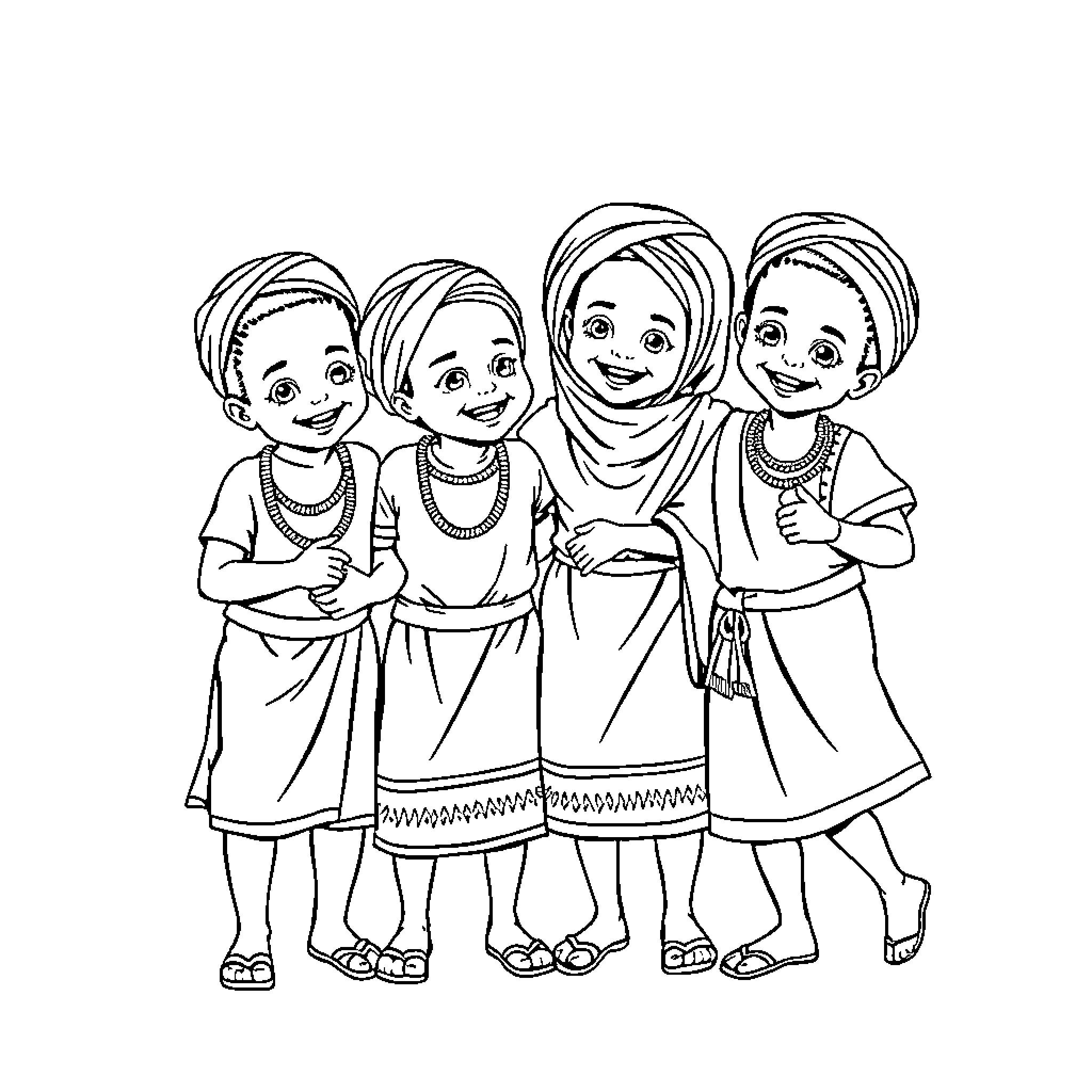 Child friends happily posing together Coloring Page (free black-and-white line drawing printable PDF for all, from beginners to advanced learners, including children, teens, adults, and seniors)