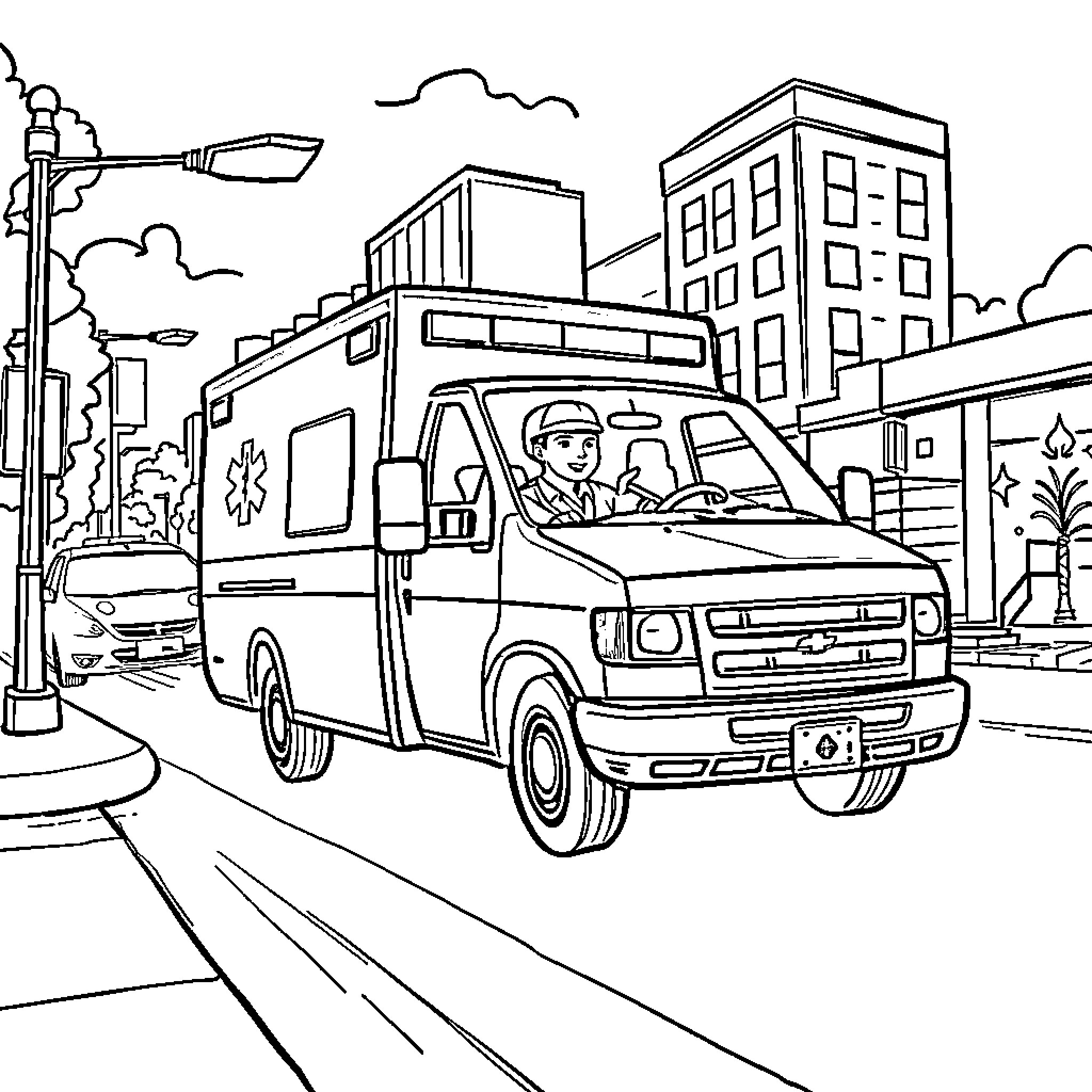 Ambulance rushing to an emergency in the city Coloring Page (free black-and-white line drawing printable PDF for all, from beginners to advanced learners, including children, teens, adults, and seniors)