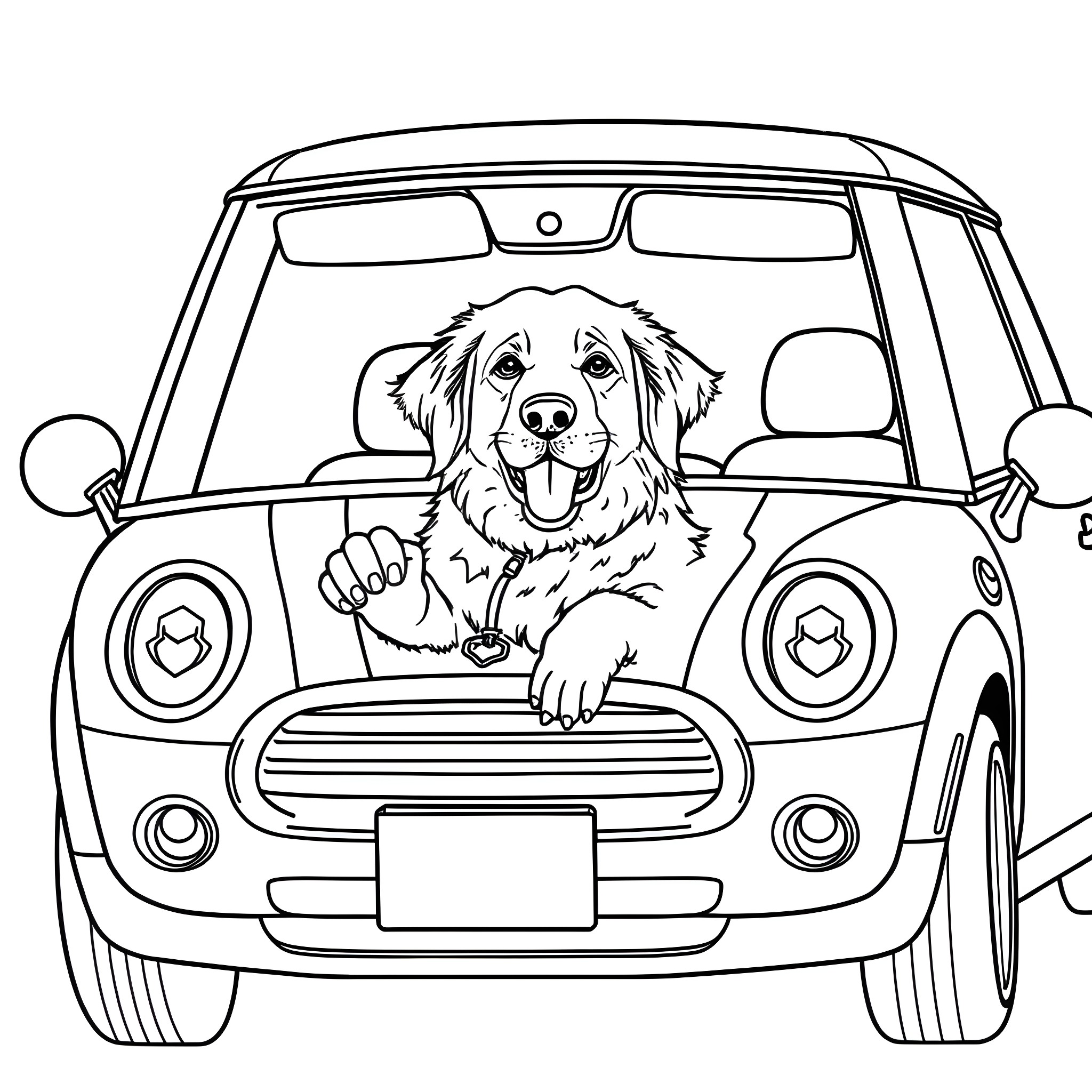 Golden Retriever Riding in a Compact Car Coloring Page (free black-and-white line drawing printable PDF for all, from beginners to advanced learners, including children, teens, adults, and seniors)