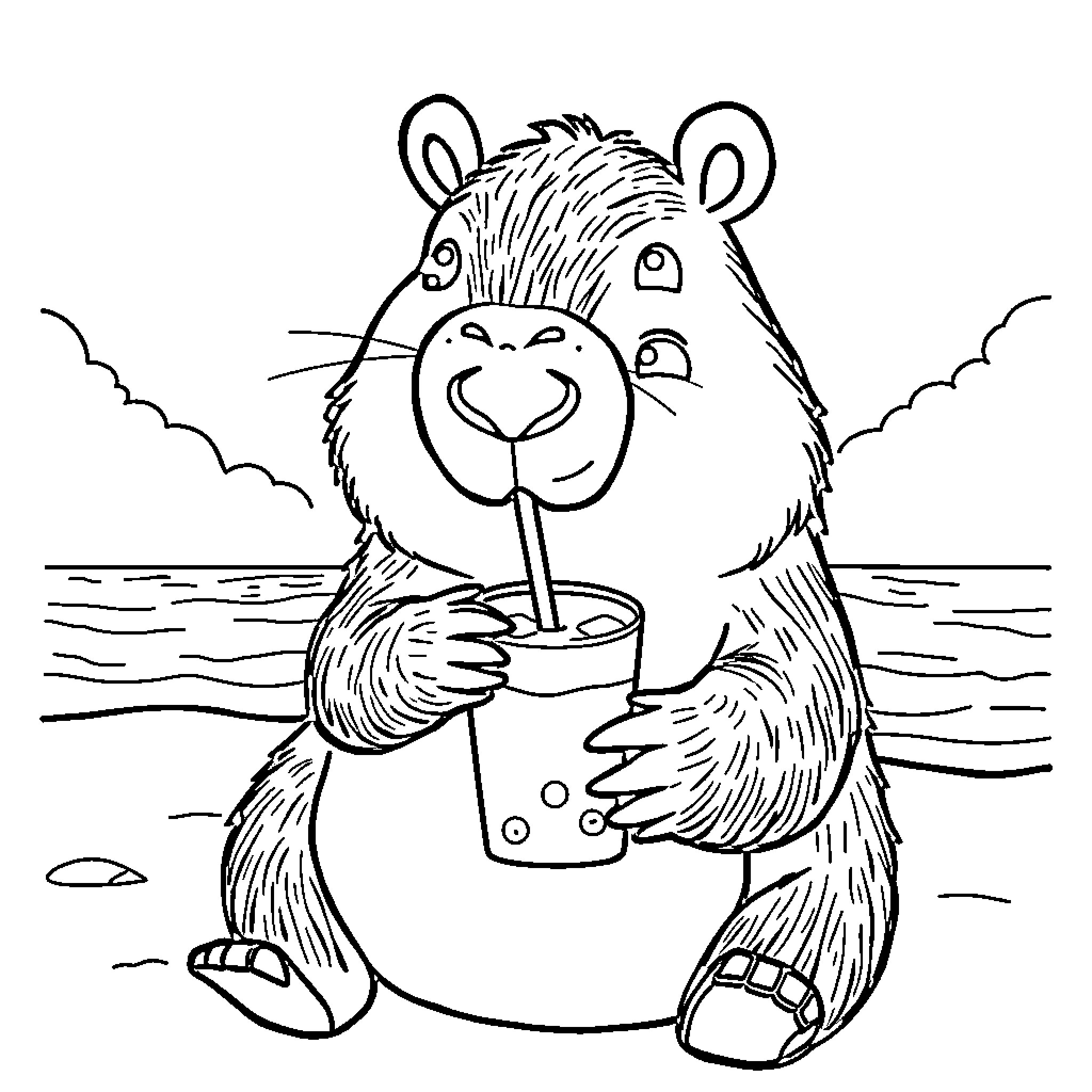 Capybara enjoying refreshing drink at the beach Coloring Page (free black-and-white line drawing printable PDF for all, from beginners to advanced learners, including children, teens, adults, and seniors)