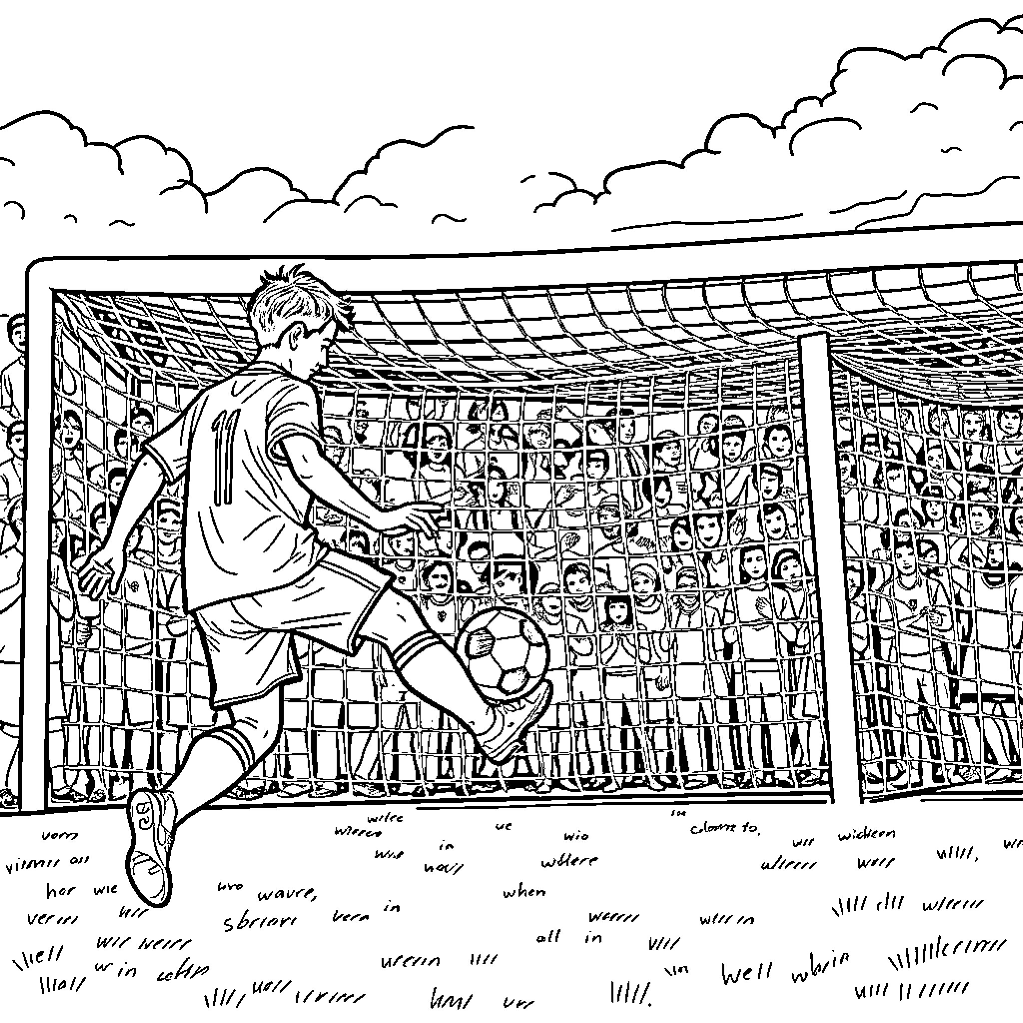 Soccer Player Scoring Goal in Front of Cheering Crowd Coloring Page (free black-and-white line drawing printable PDF for all, from beginners to advanced learners, including children, teens, adults, and seniors)