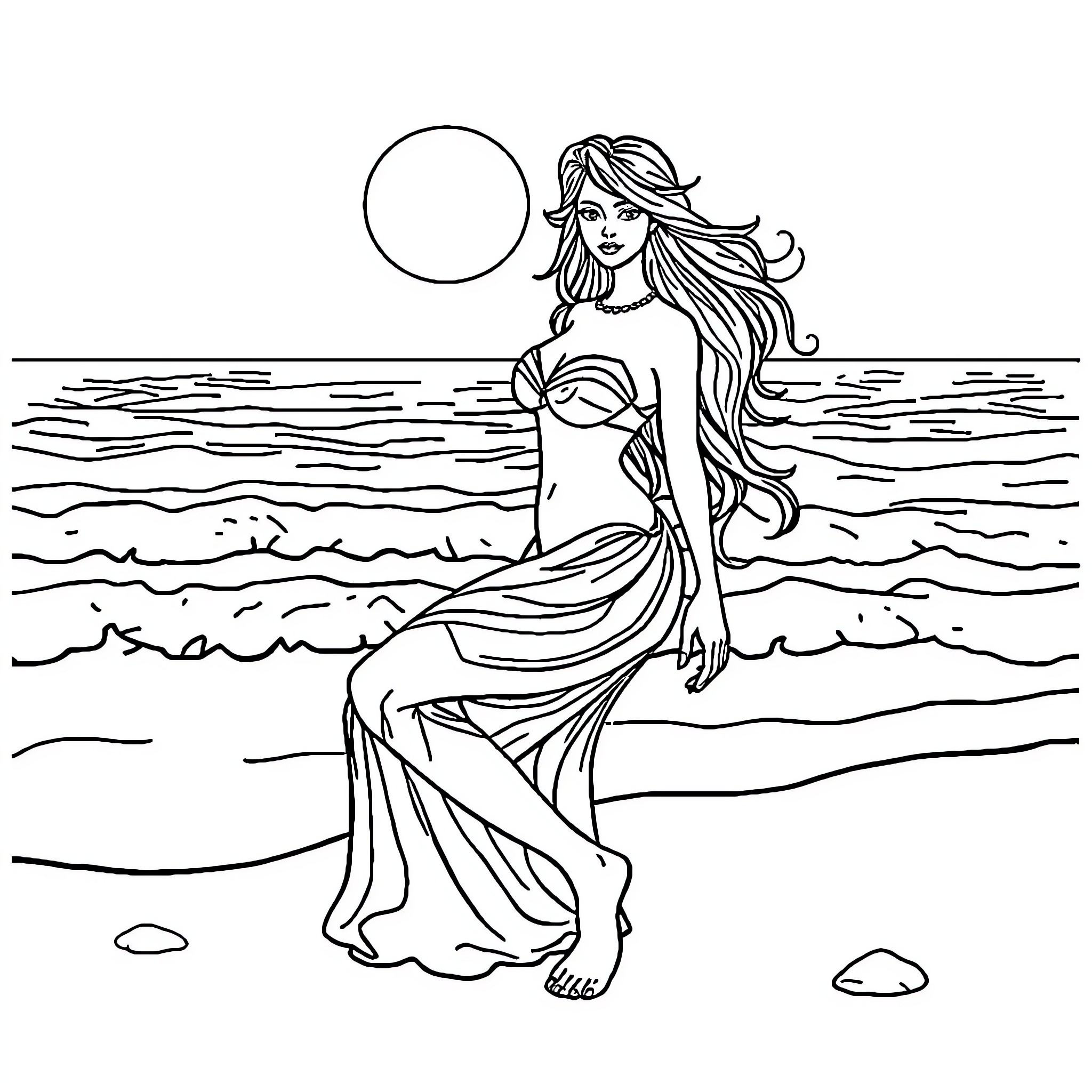 Wonder Woman mermaid in the moonlit ocean Coloring Page (free black-and-white line drawing printable PDF for all, from beginners to advanced learners, including children, teens, adults, and seniors)