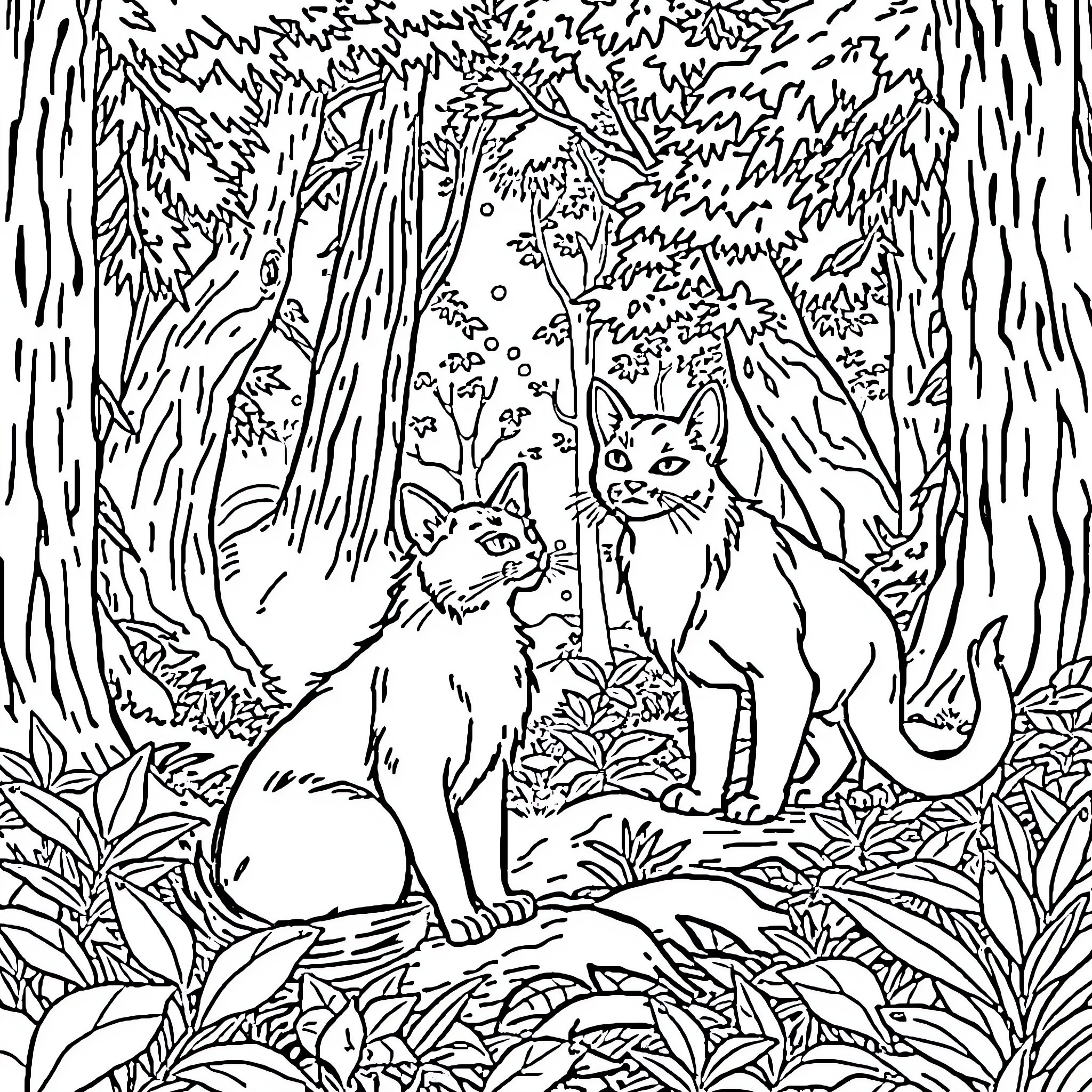 Warrior Cats in the Mysterious Forest Coloring Page (free black-and-white line drawing printable PDF for all, from beginners to advanced learners, including children, teens, adults, and seniors)
