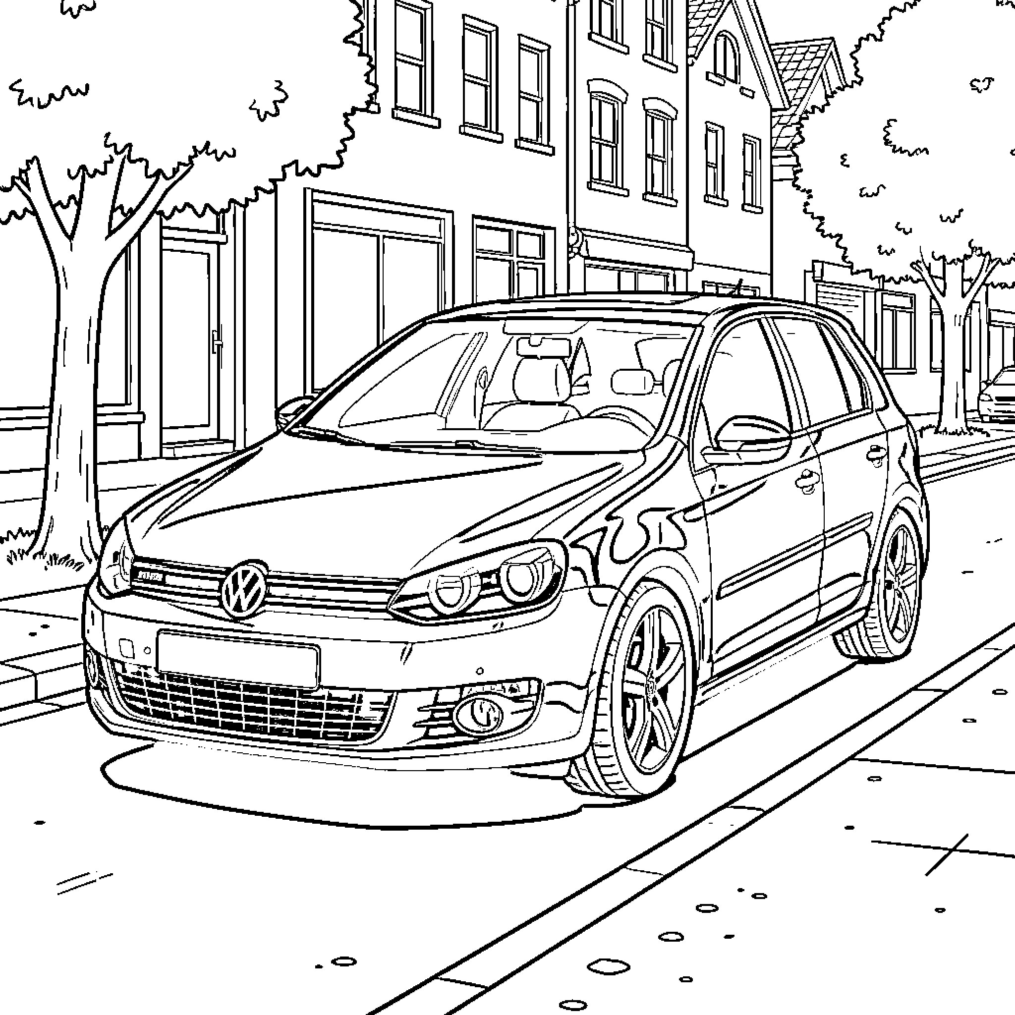 Golf Car Driving Through City Street Coloring Page (free black-and-white line drawing printable PDF for all, from beginners to advanced learners, including children, teens, adults, and seniors)
