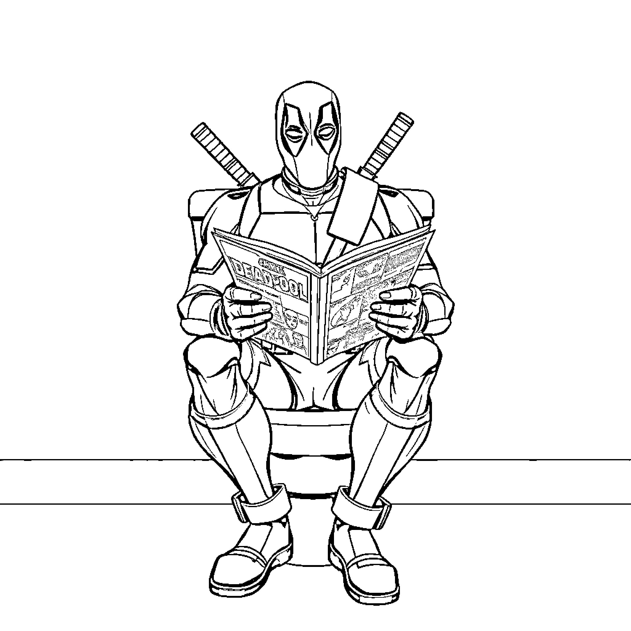 Deadpool reading a comic book playfully Coloring Page (free black-and-white line drawing printable PDF for all, from beginners to advanced learners, including children, teens, adults, and seniors)