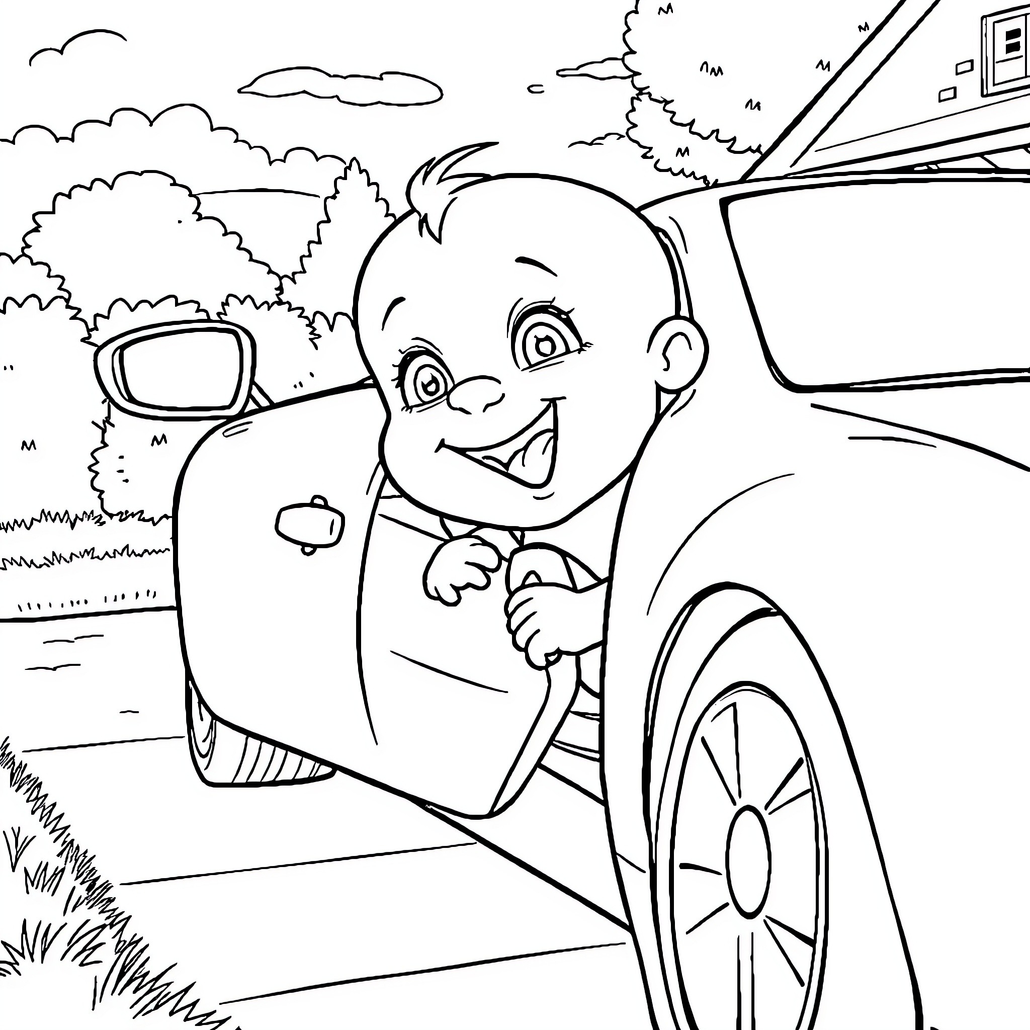 Stewie's Joyful Car Adventure Coloring Page (free black-and-white line drawing printable PDF for all, from beginners to advanced learners, including children, teens, adults, and seniors)