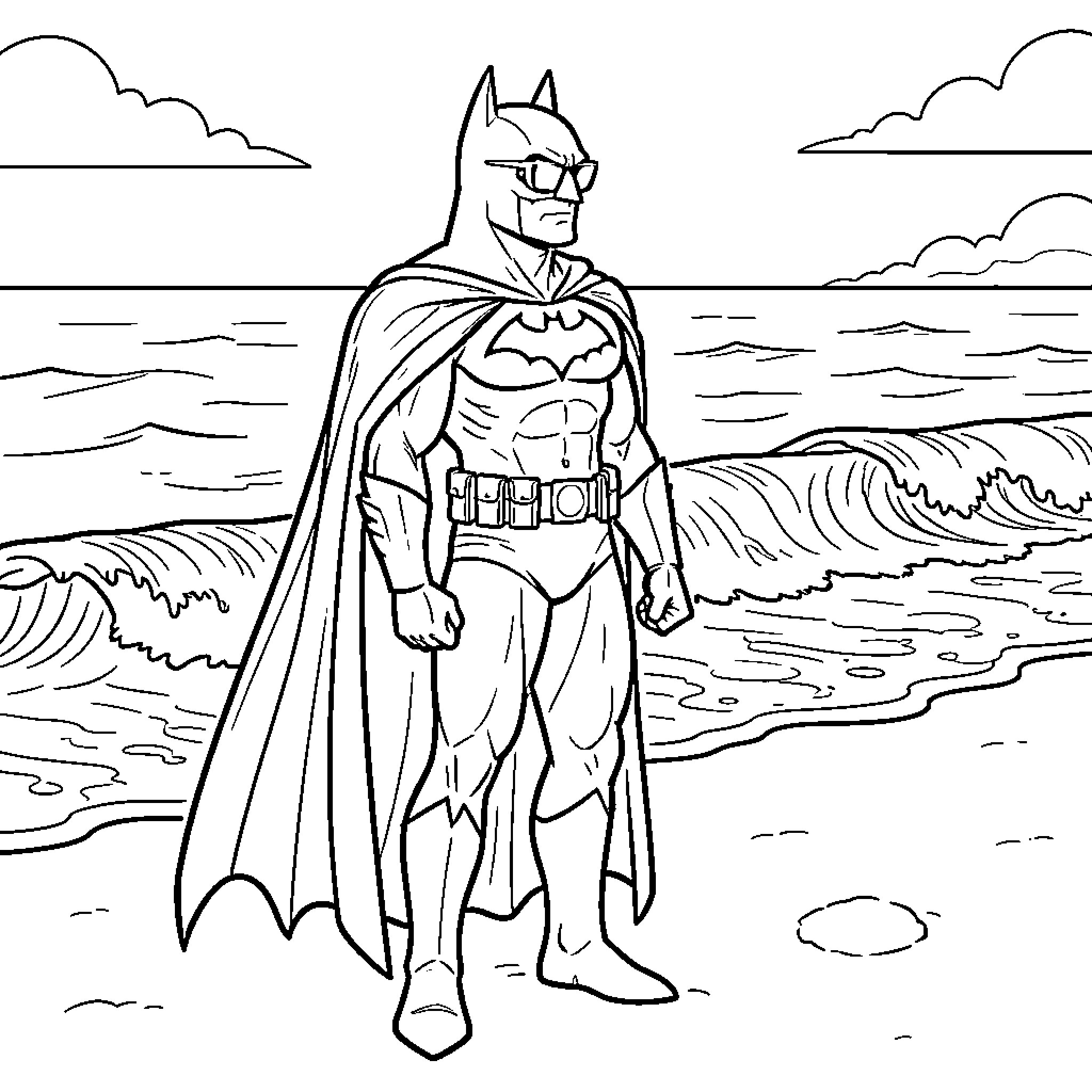 Batman standing heroically on the beach Coloring Page (free black-and-white line drawing printable PDF for all, from beginners to advanced learners, including children, teens, adults, and seniors)