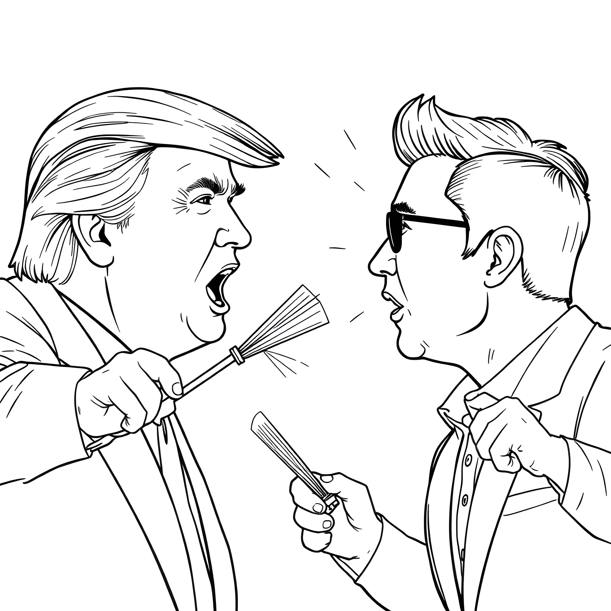 Donald Trump Arguing Intensely with Political Opponent Coloring Page (free black-and-white line drawing printable PDF for all, from beginners to advanced learners, including children, teens, adults, and seniors)