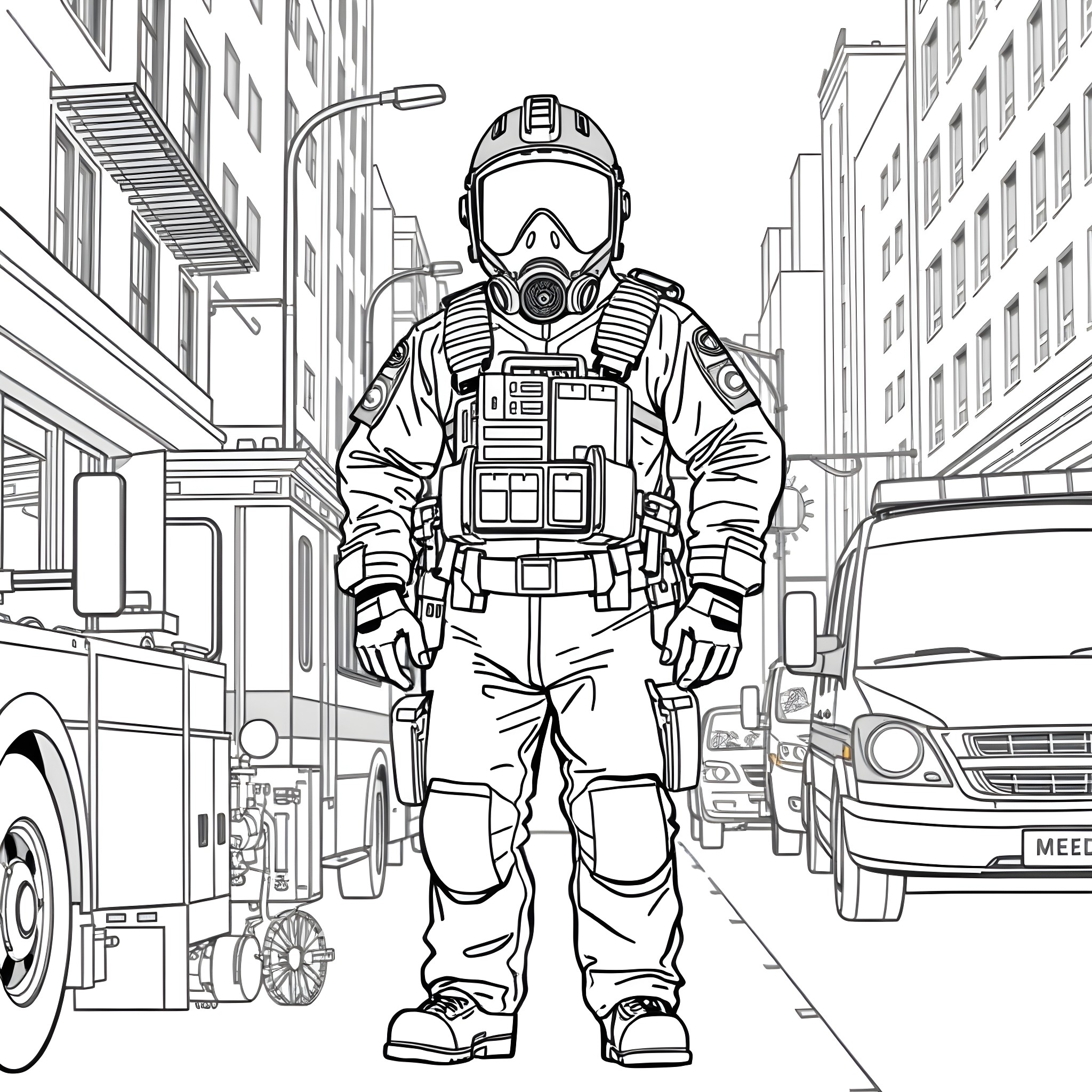 Respirator-clad Emergency Responder in Urban Setting Coloring Page (free black-and-white line drawing printable PDF for all, from beginners to advanced learners, including children, teens, adults, and seniors)