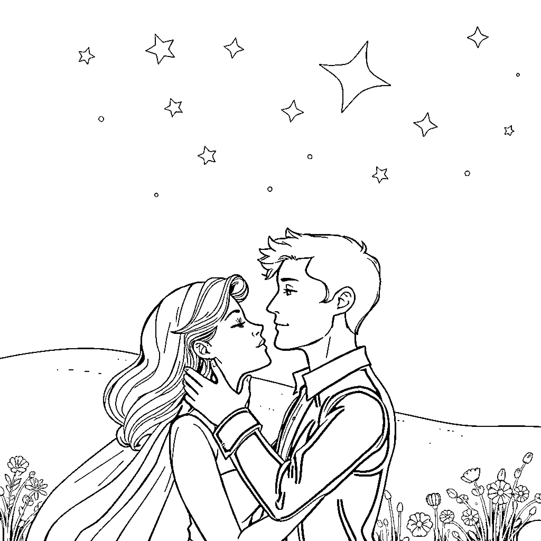 Couple gazing at the starry night sky Coloring Page (free black-and-white line drawing printable PDF for all, from beginners to advanced learners, including children, teens, adults, and seniors)
