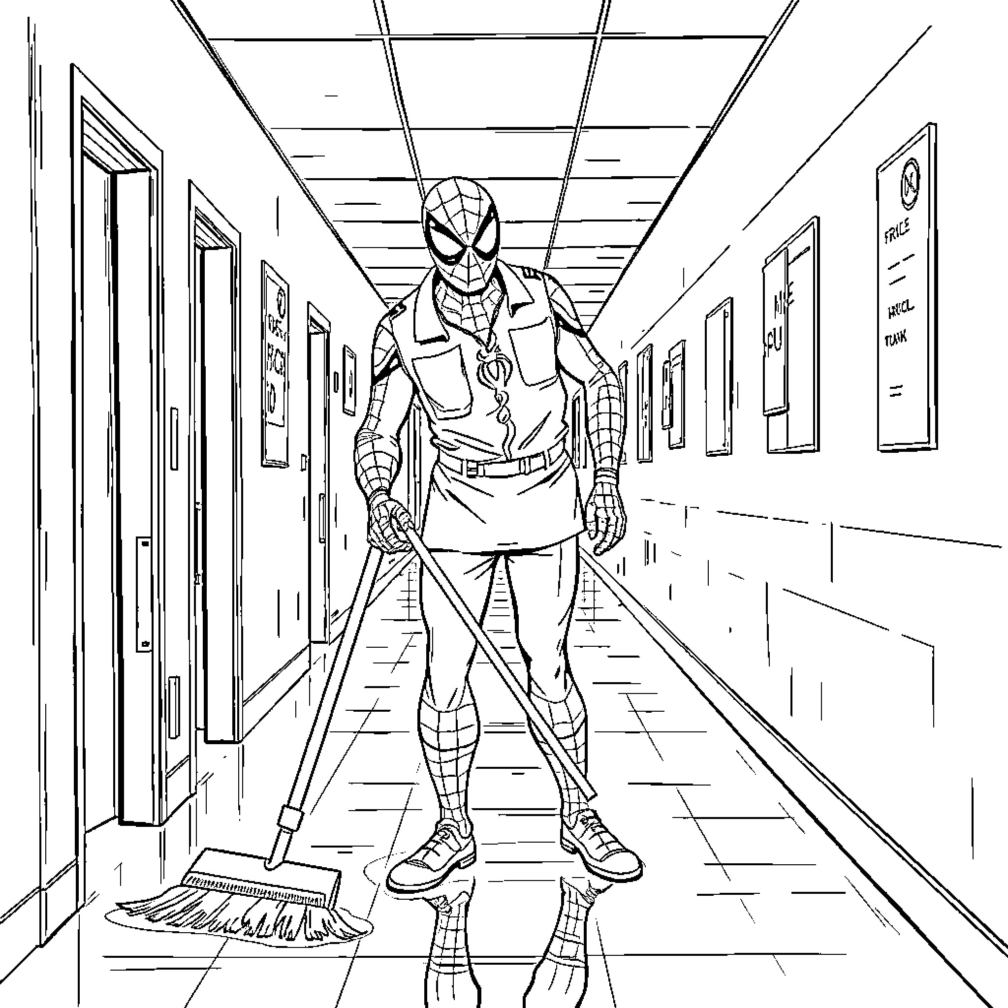 Spiderman cleaning the school hallway Coloring Page (free black-and-white line drawing printable PDF for all, from beginners to advanced learners, including children, teens, adults, and seniors)