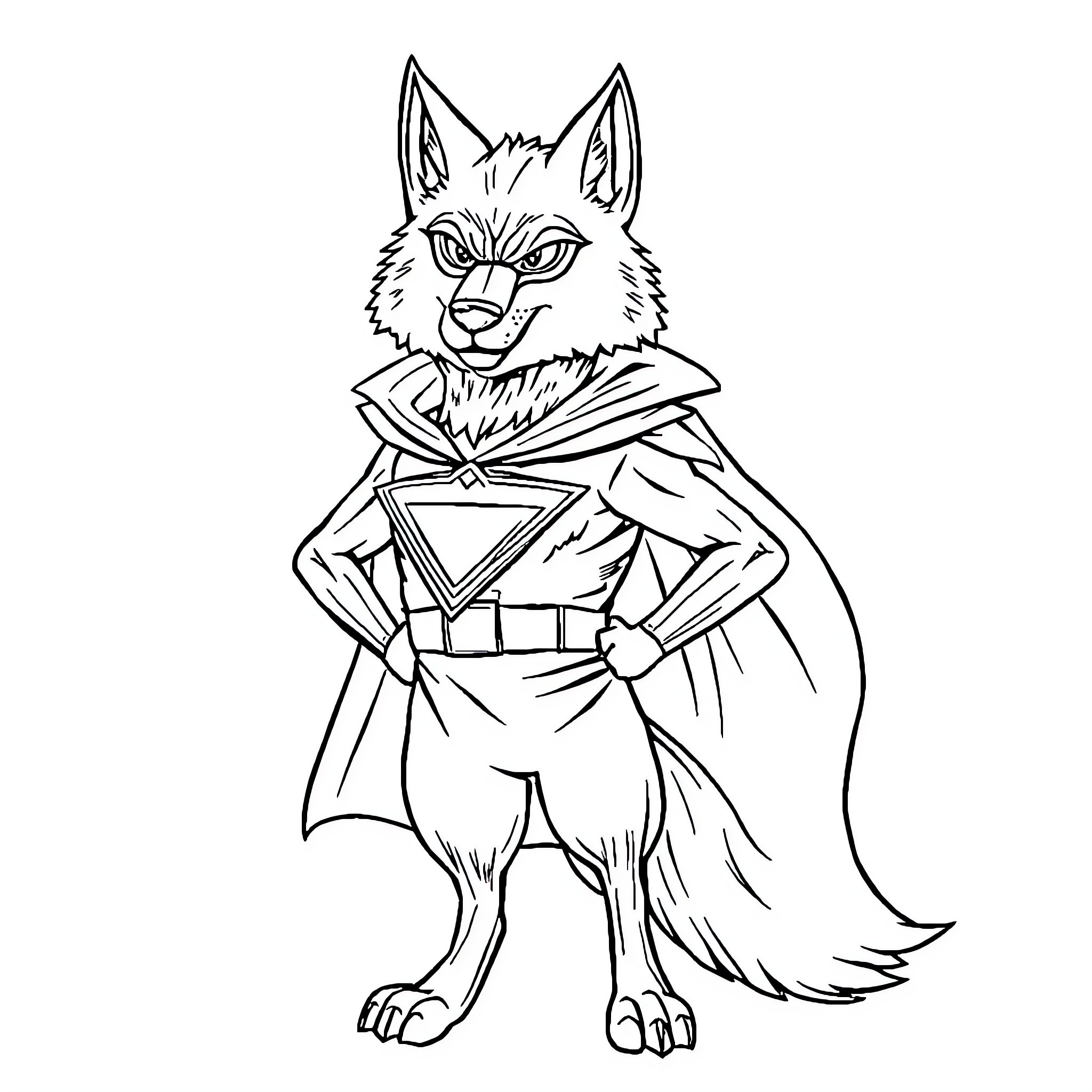 Wolf hero in adventurous outfit and pose Coloring Page (free black-and-white line drawing printable PDF for all, from beginners to advanced learners, including children, teens, adults, and seniors)