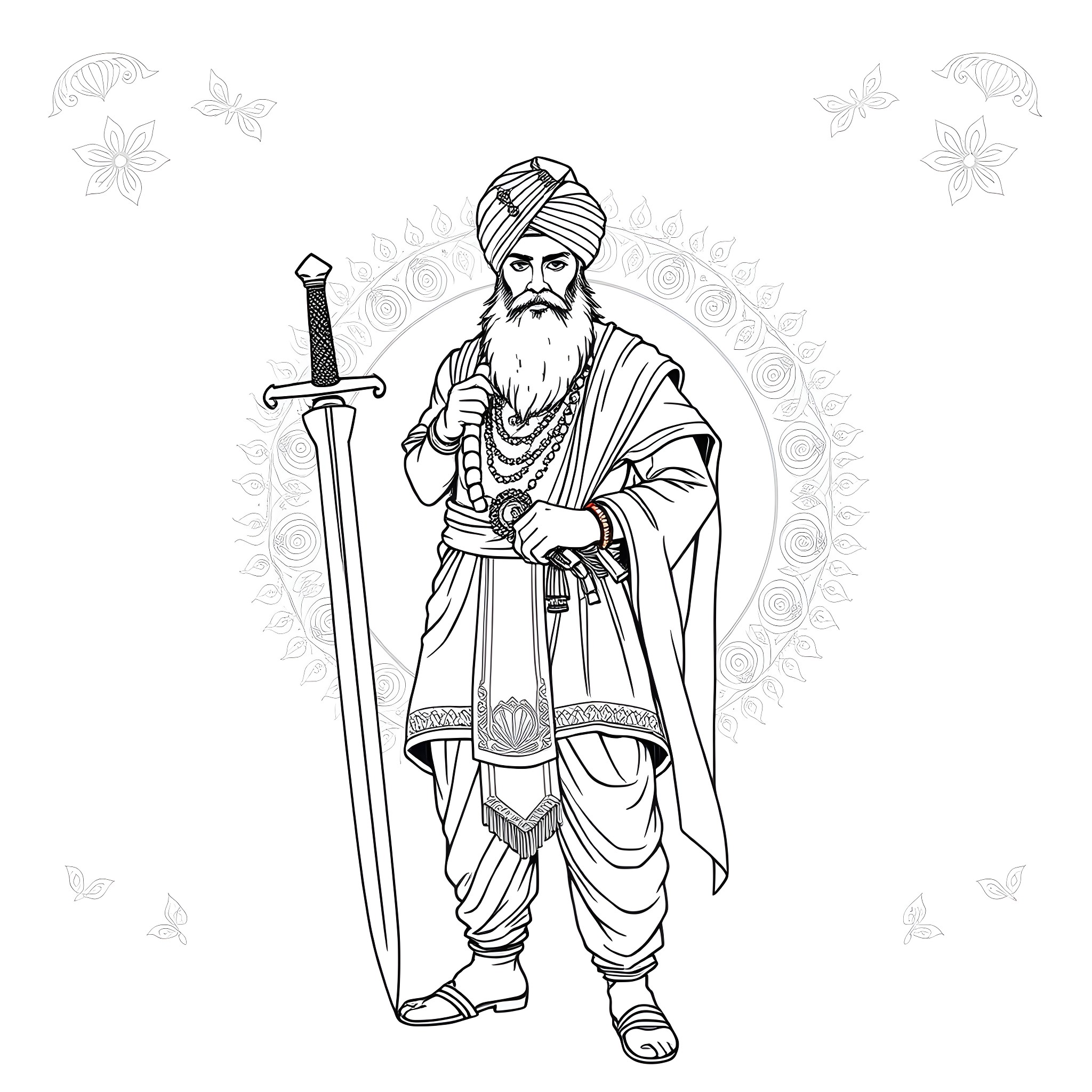 Sikh Man in Traditional Attire Holding a Sword Coloring Page (free black-and-white line drawing printable PDF for all, from beginners to advanced learners, including children, teens, adults, and seniors)