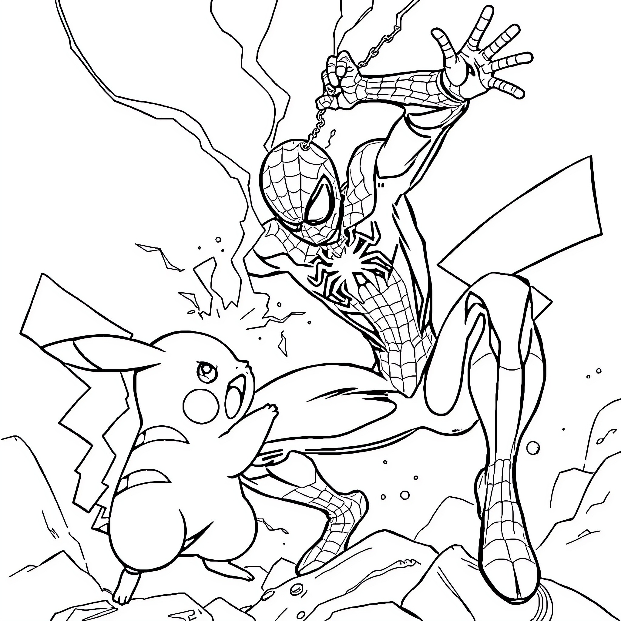 Spider-Man swinging into action with a Pokémon Coloring Page (free black-and-white line drawing printable PDF for all, from beginners to advanced learners, including children, teens, adults, and seniors)