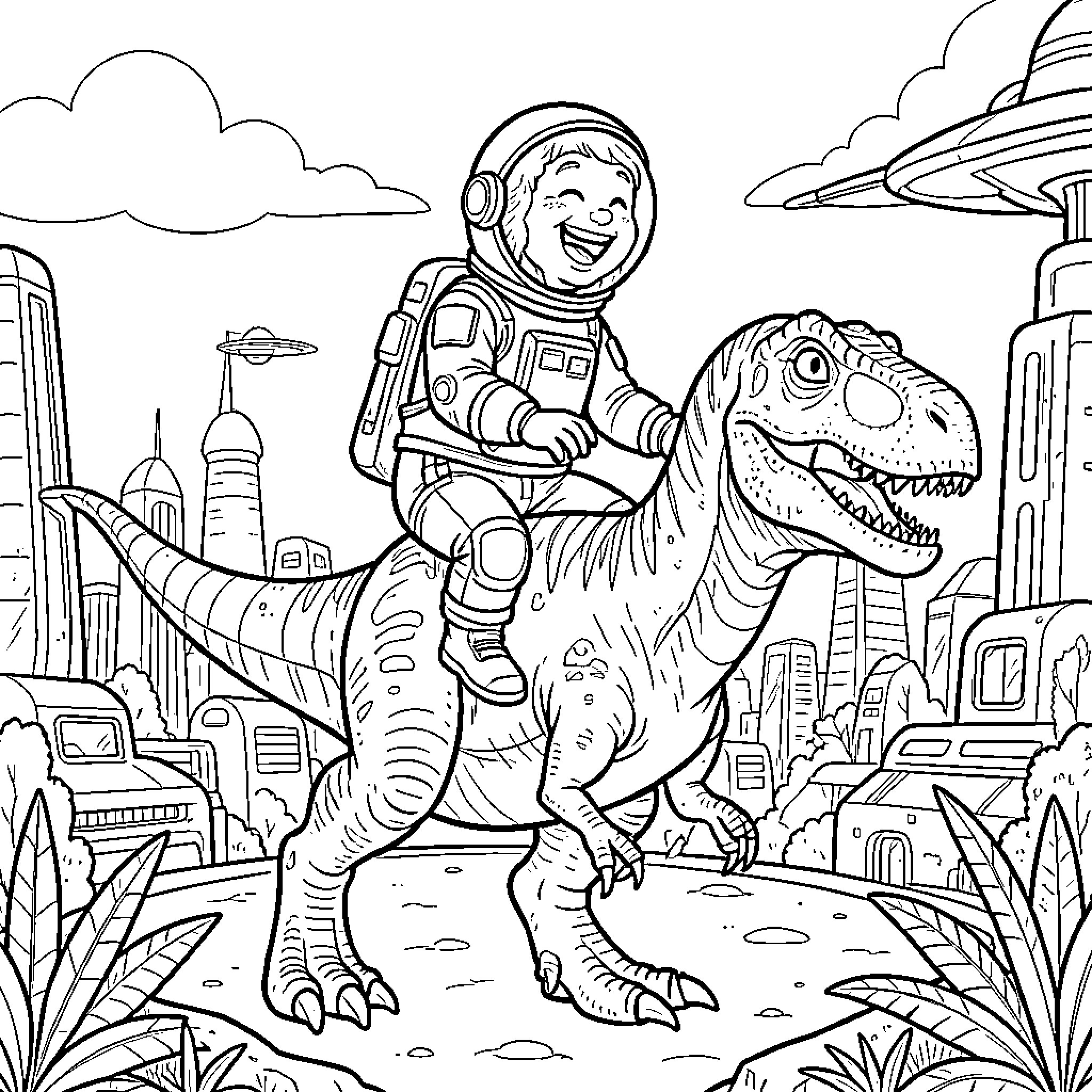 Astronaut riding friendly dinosaur in futuristic city Coloring Page (free black-and-white line drawing printable PDF for all, from beginners to advanced learners, including children, teens, adults, and seniors)