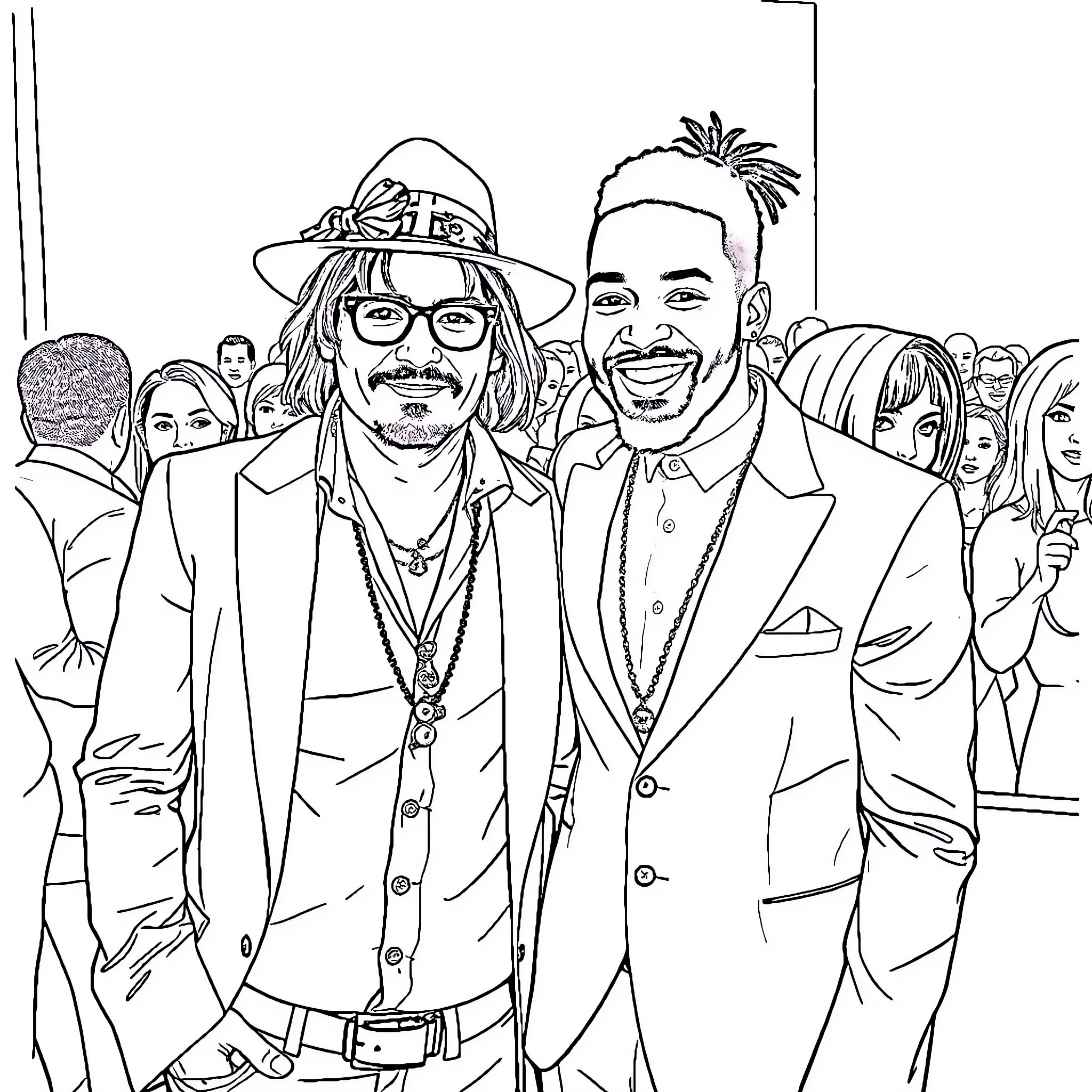 Johnny Depp and friend at formal event Coloring Page (free black-and-white line drawing printable PDF for all, from beginners to advanced learners, including children, teens, adults, and seniors)