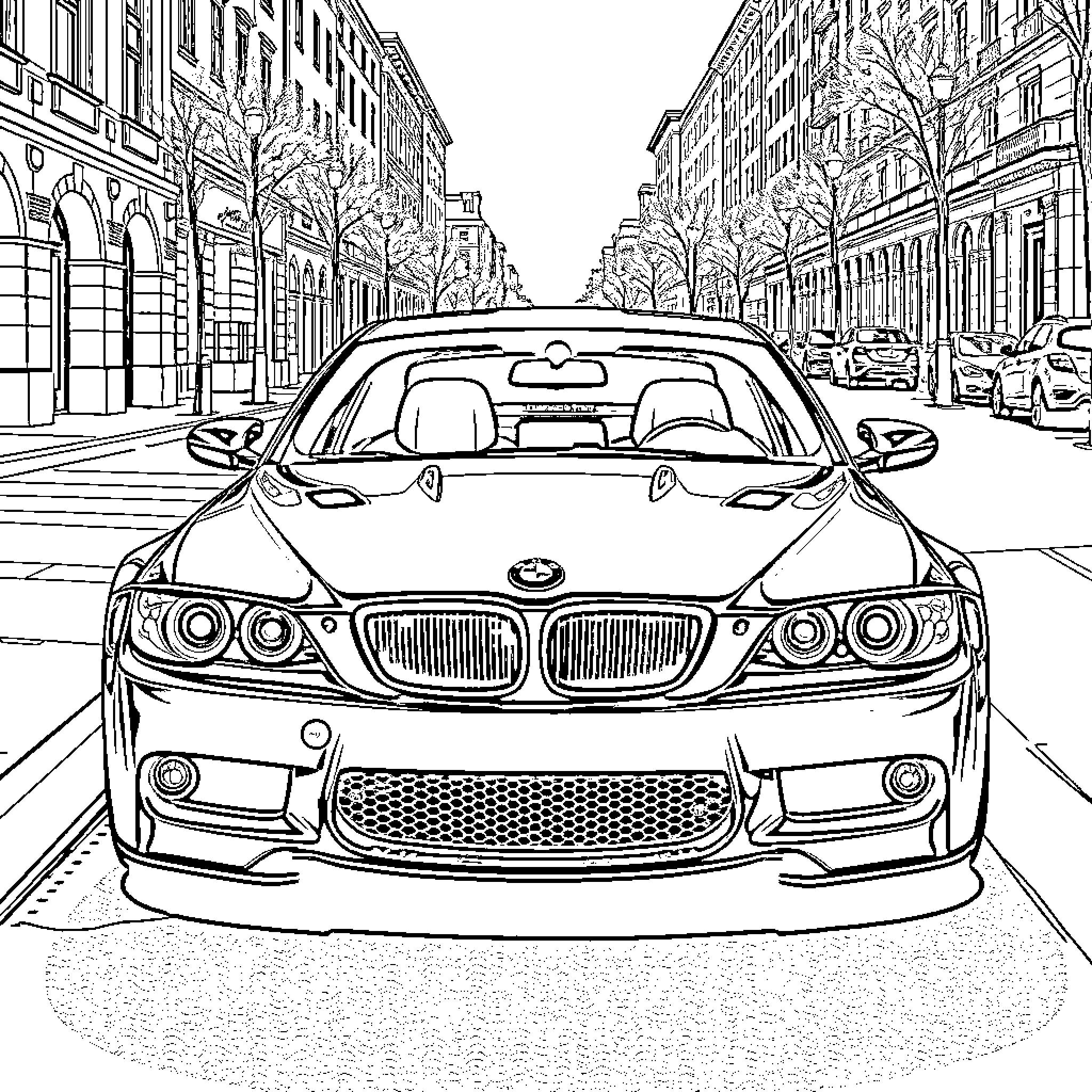 BMW M3 speeding through urban cityscape Coloring Page (free black-and-white line drawing printable PDF for all, from beginners to advanced learners, including children, teens, adults, and seniors)