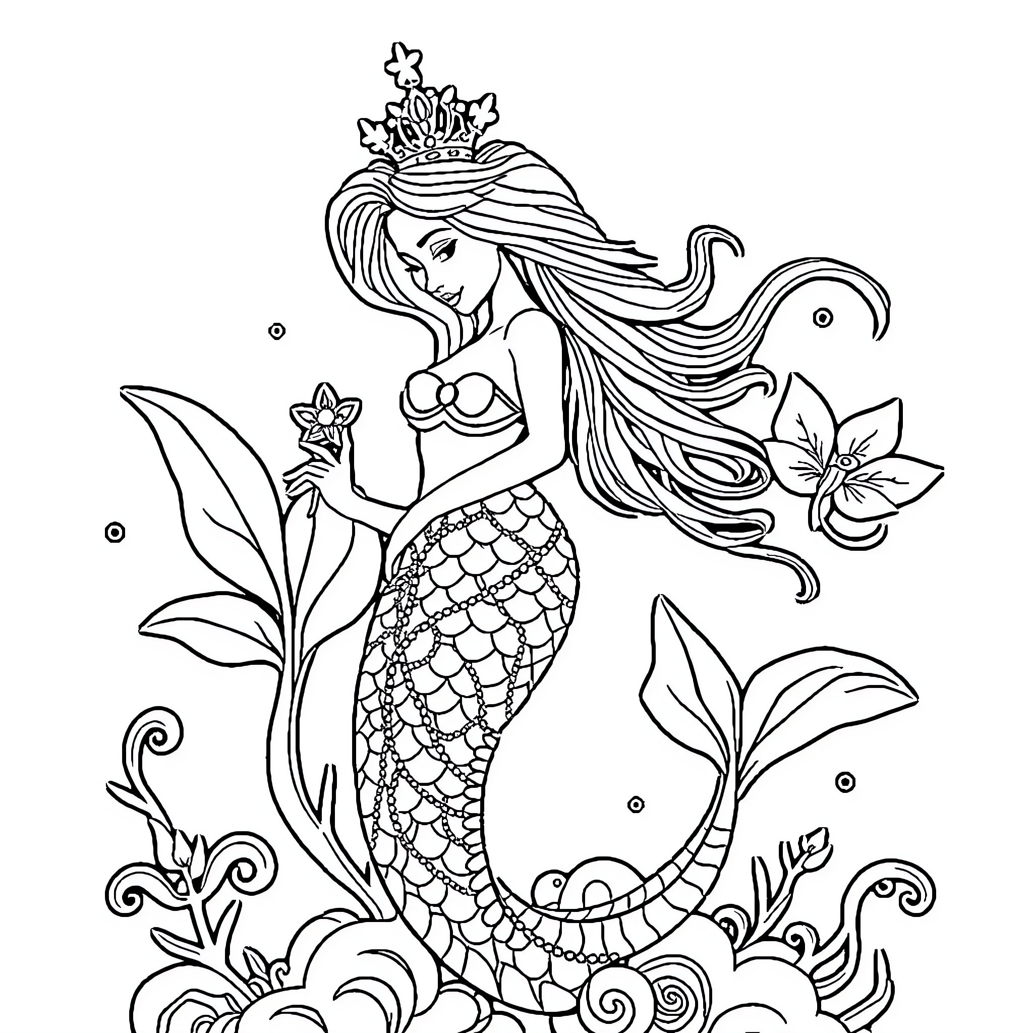 Mermaid surrounded by marine flora and fauna Coloring Page (free black-and-white line drawing printable PDF for all, from beginners to advanced learners, including children, teens, adults, and seniors)