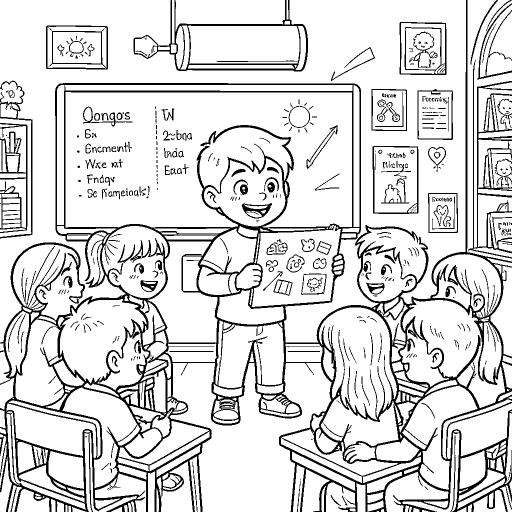 Niño alegre presentando en clase Coloring Page (free black-and-white line drawing printable PDF for all, from beginners to advanced learners, including children, teens, adults, and seniors)