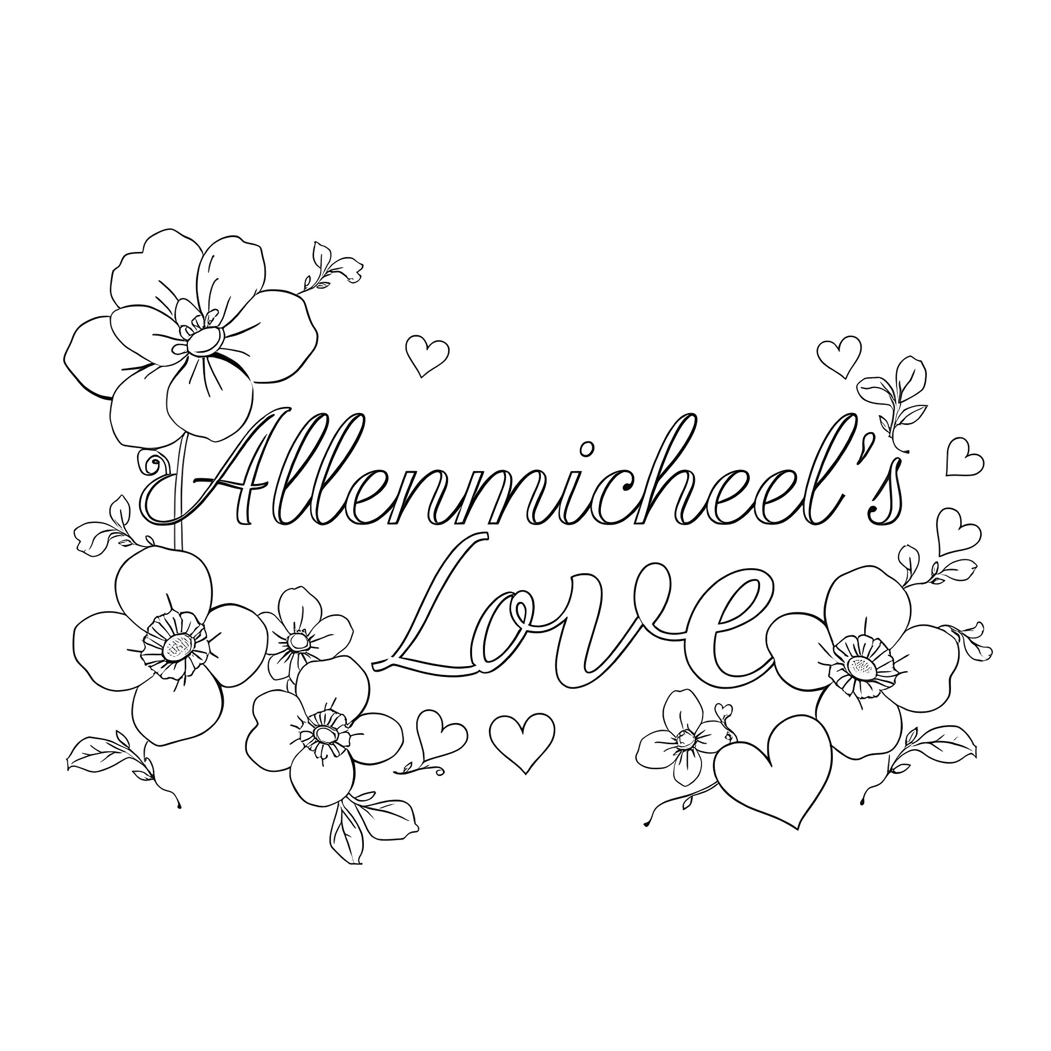 Love surrounded by beautiful flowers and hearts Coloring Page (free black-and-white line drawing printable PDF for all, from beginners to advanced learners, including children, teens, adults, and seniors)