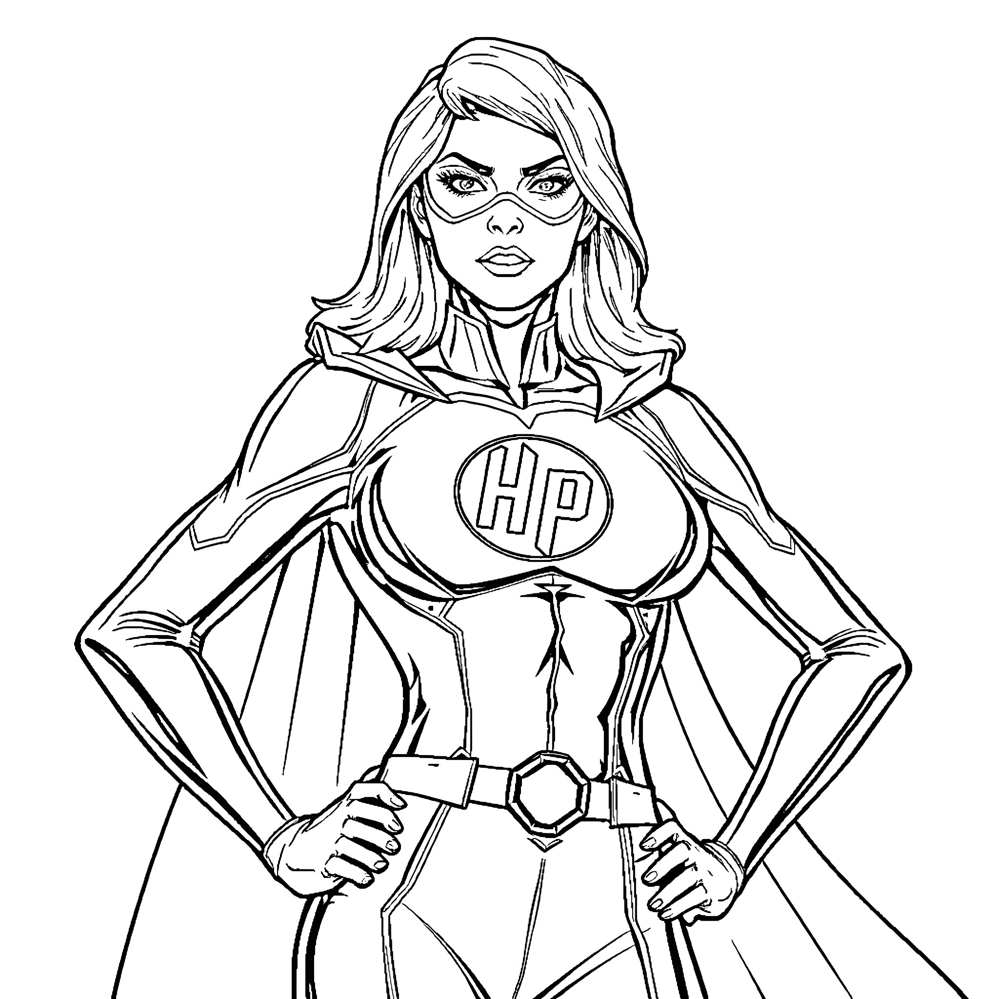 Superhero in Heroic Pose with HP Emblem Coloring Page (free black-and-white line drawing printable PDF for all, from beginners to advanced learners, including children, teens, adults, and seniors)